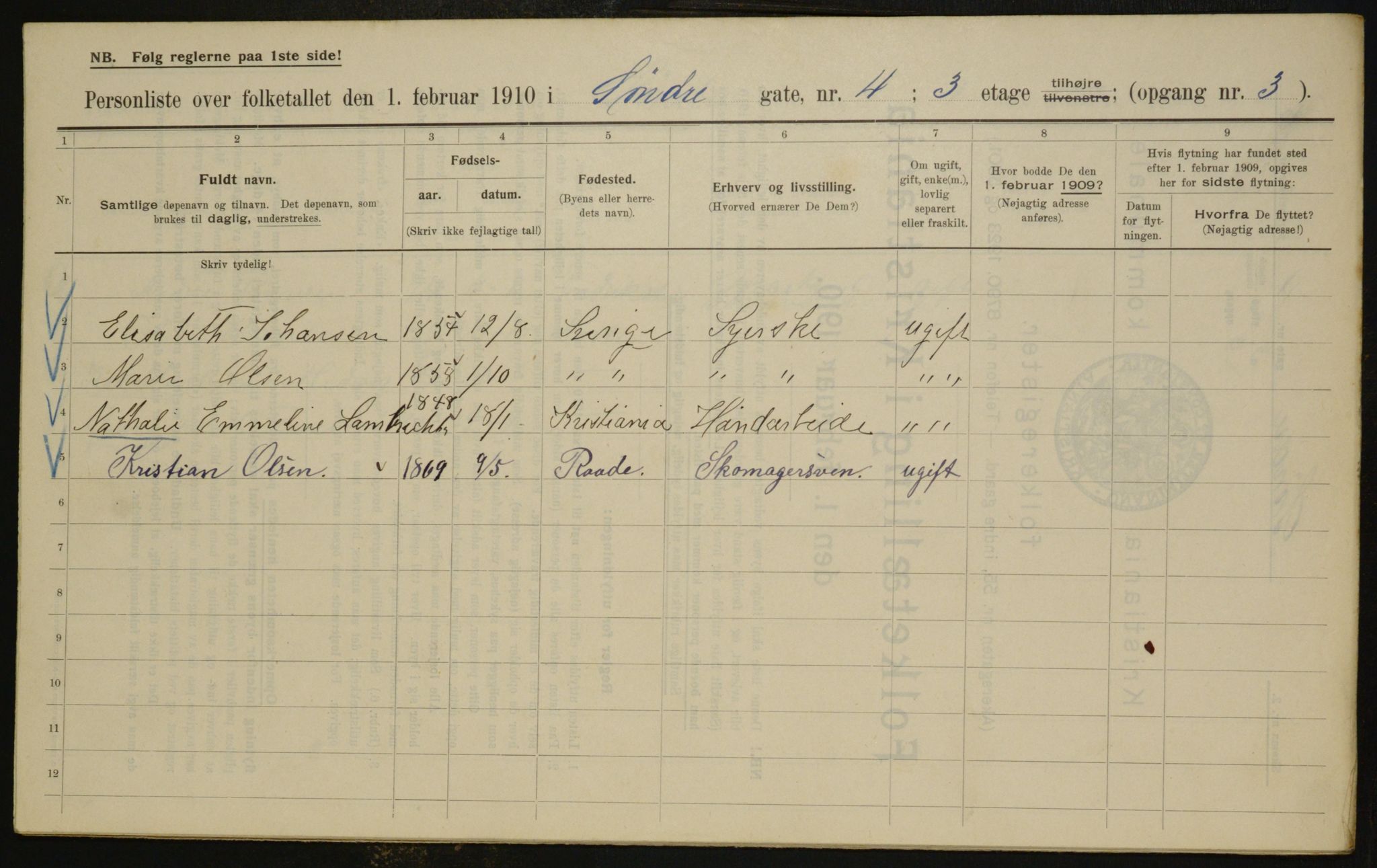 OBA, Municipal Census 1910 for Kristiania, 1910, p. 100965