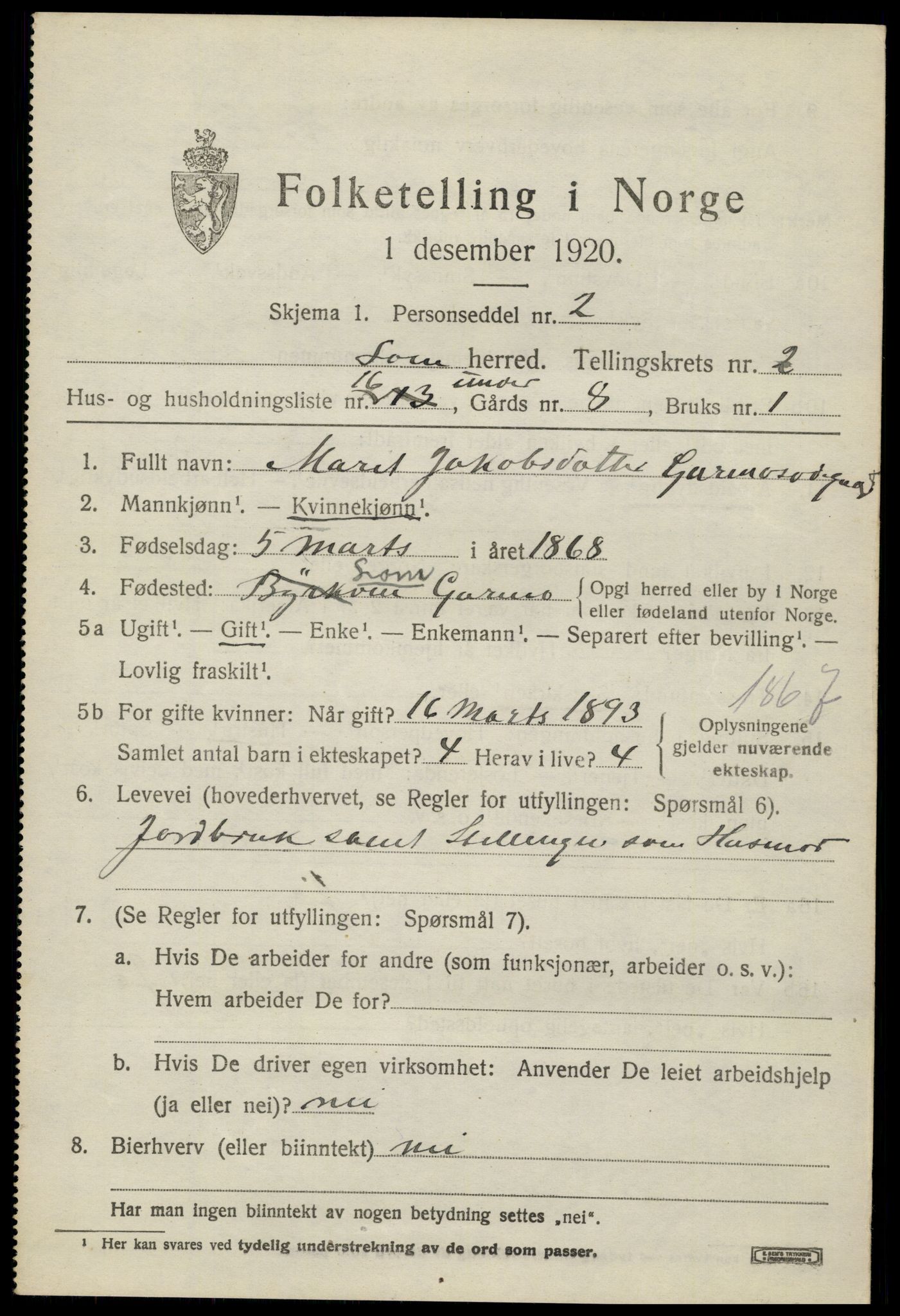 SAH, 1920 census for Lom, 1920, p. 1936