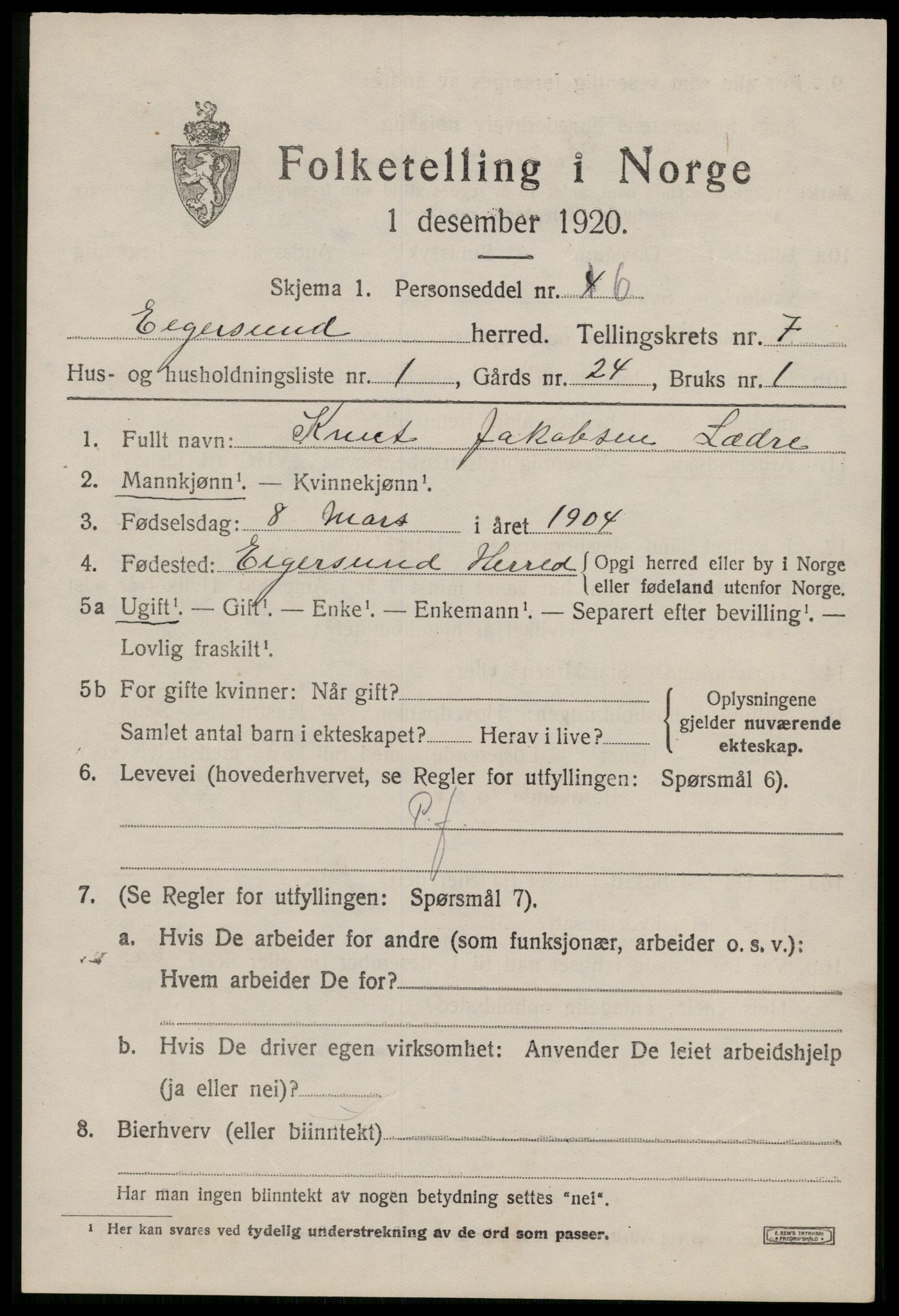 SAST, 1920 census for Eigersund, 1920, p. 4627