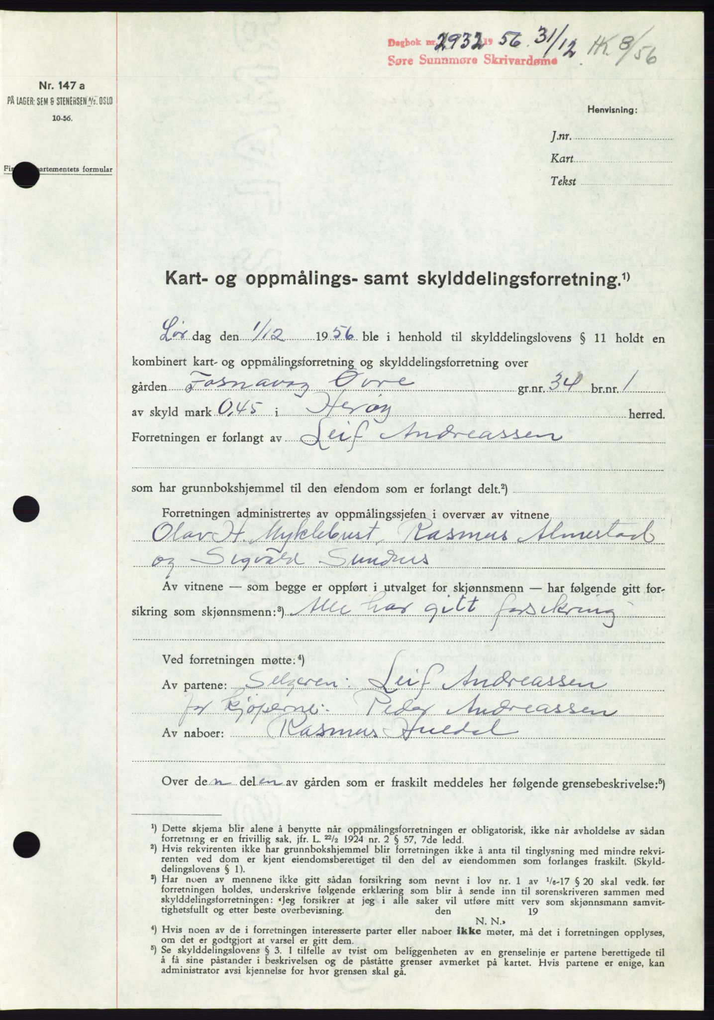 Søre Sunnmøre sorenskriveri, AV/SAT-A-4122/1/2/2C/L0105: Mortgage book no. 31A, 1956-1957, Diary no: : 2932/1956