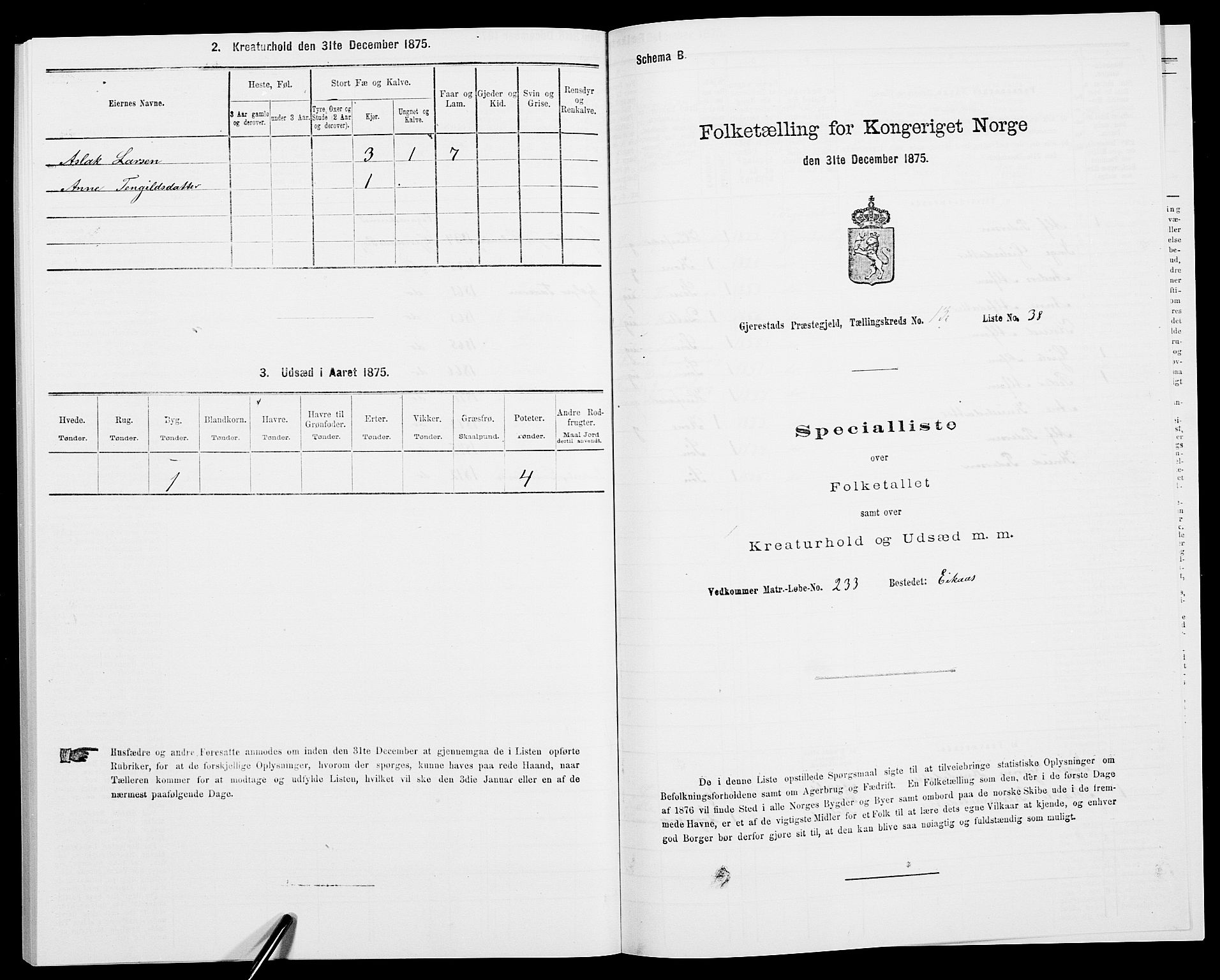 SAK, 1875 census for 0911P Gjerstad, 1875, p. 1357