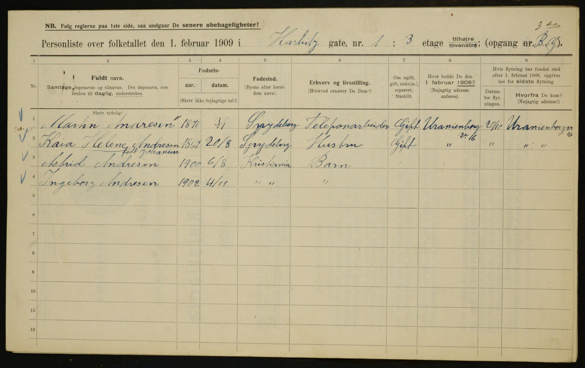 OBA, Municipal Census 1909 for Kristiania, 1909, p. 73291