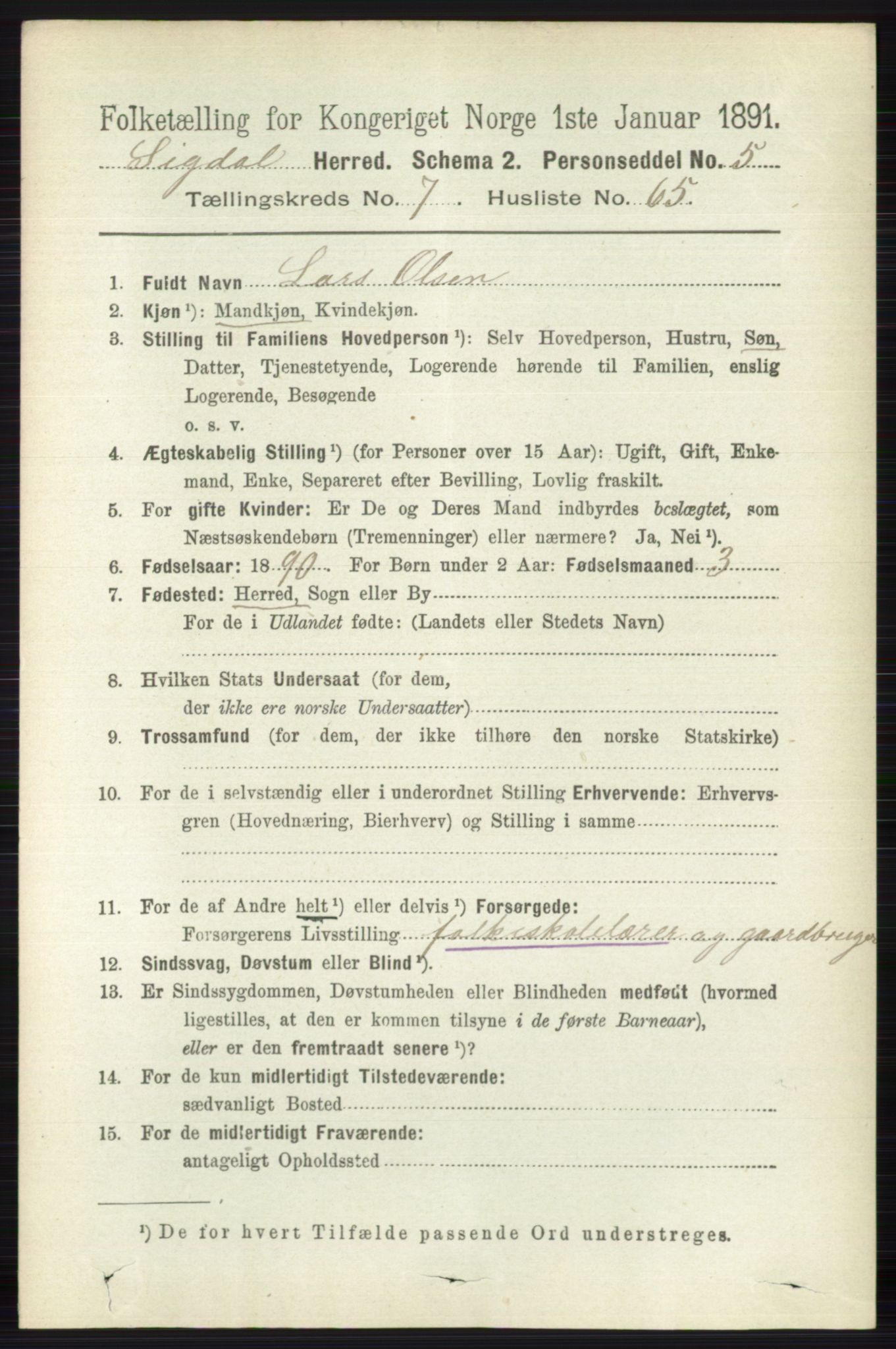 RA, 1891 census for 0621 Sigdal, 1891, p. 3094