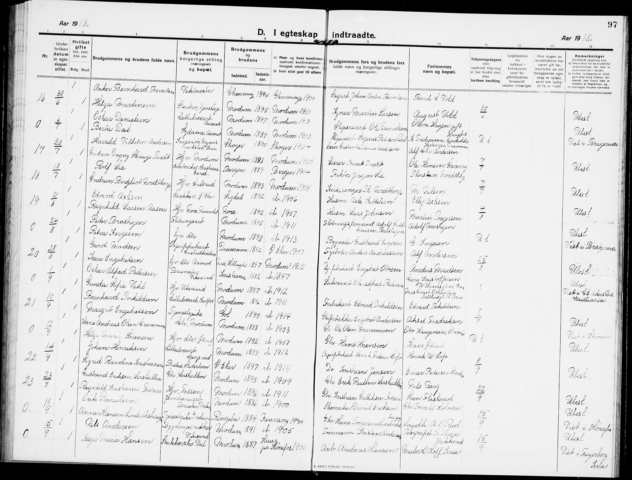 Modum kirkebøker, AV/SAKO-A-234/G/Ga/L0010: Parish register (copy) no. I 10, 1909-1923, p. 97