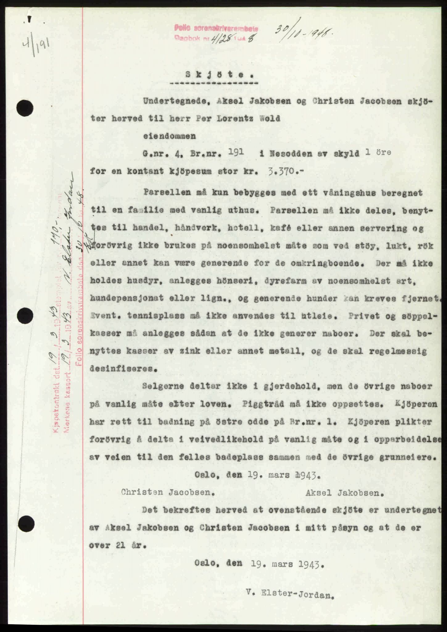Follo sorenskriveri, SAO/A-10274/G/Ga/Gaa/L0085: Mortgage book no. I 85, 1948-1948, Diary no: : 4128/1948
