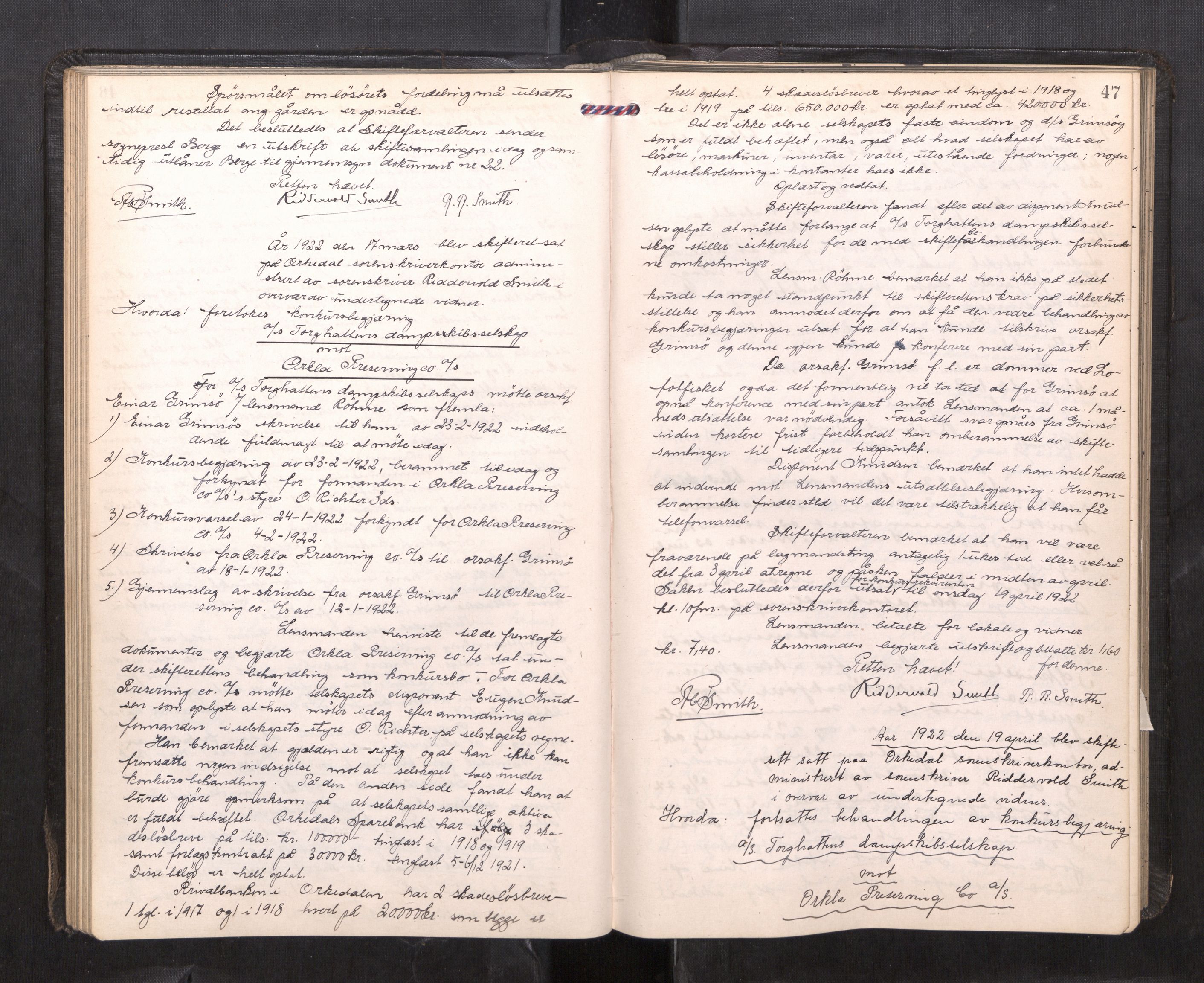Orkdal sorenskriveri, AV/SAT-A-4169/1/3/3B/L0015: Skiftebehandlingsprotokoll, 1919-1927, p. 46b-47a