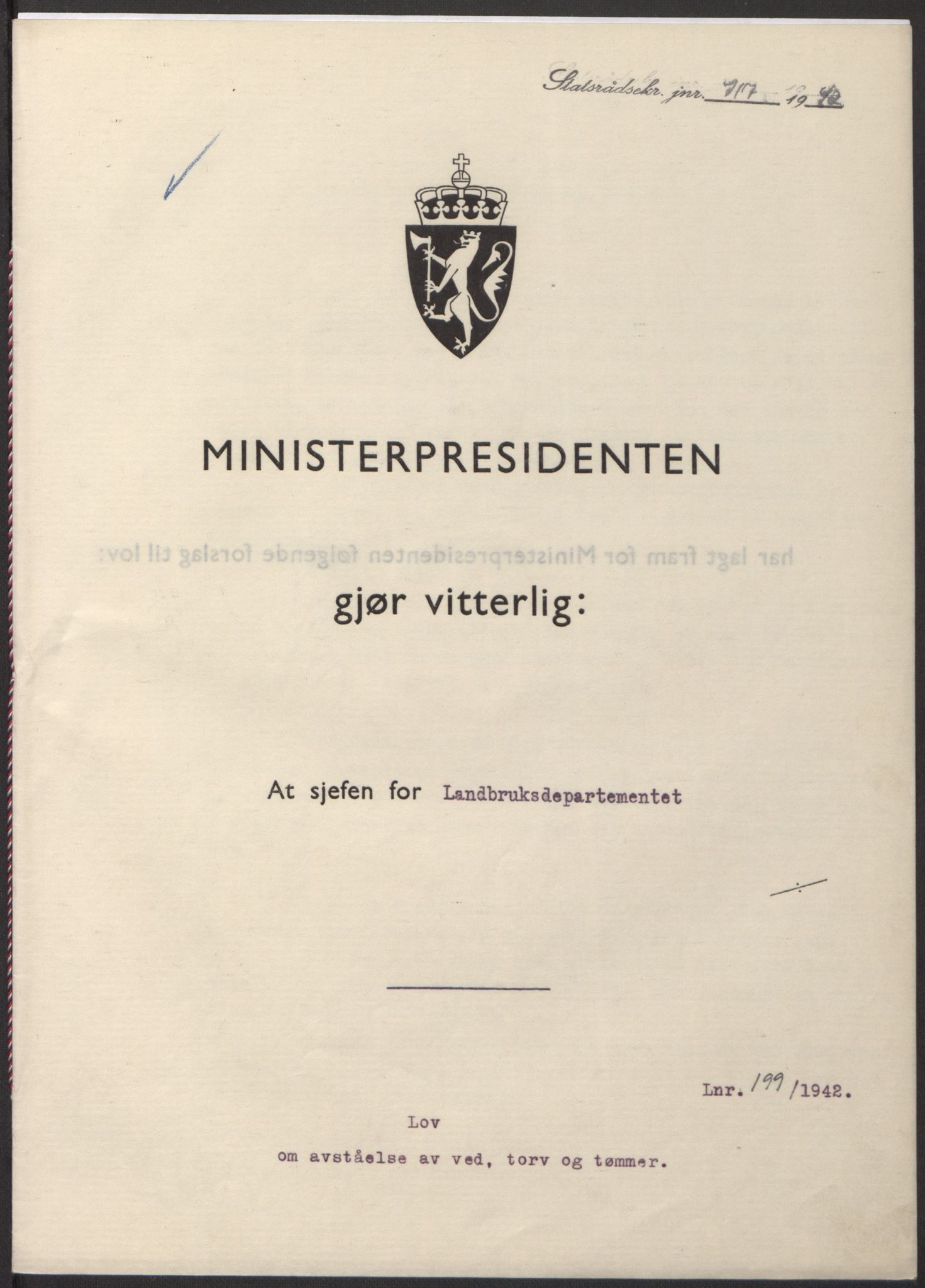 NS-administrasjonen 1940-1945 (Statsrådsekretariatet, de kommisariske statsråder mm), AV/RA-S-4279/D/Db/L0098: Lover II, 1942, p. 417