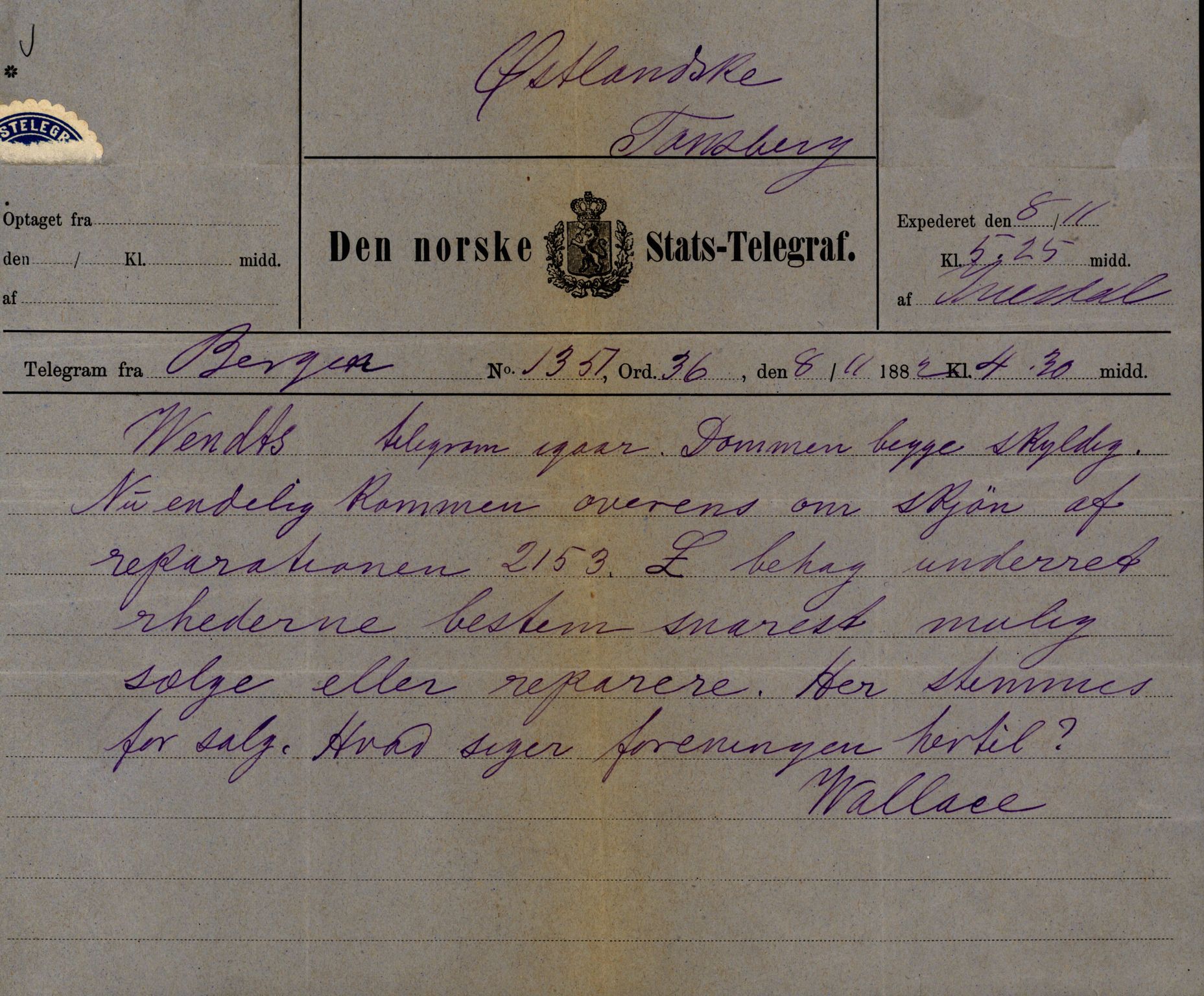 Pa 63 - Østlandske skibsassuranceforening, VEMU/A-1079/G/Ga/L0015/0011: Havaridokumenter / Carl Johan, Bergljot, Baticola, Saga, 1882, p. 11