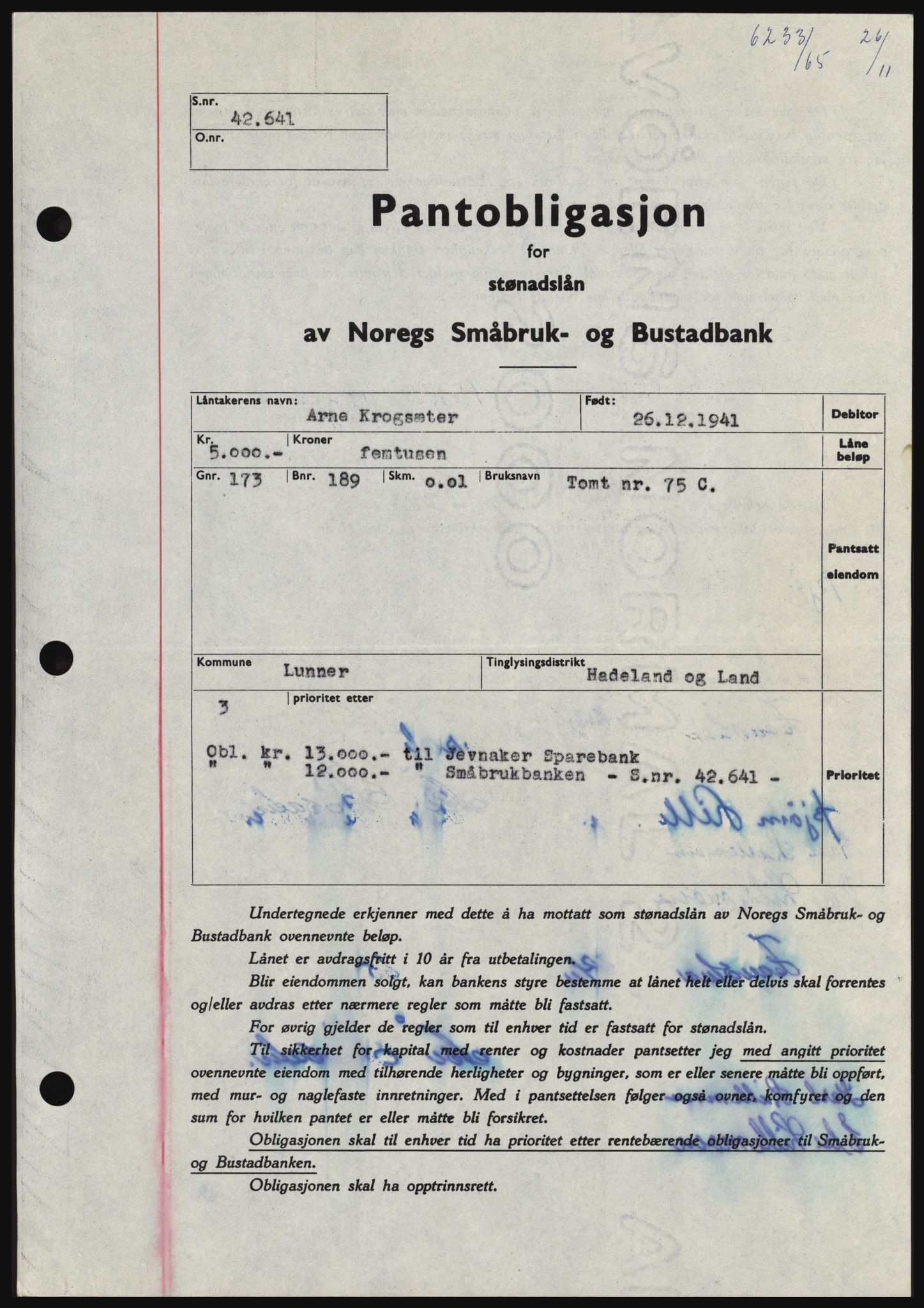 Hadeland og Land tingrett, SAH/TING-010/H/Hb/Hbc/L0061: Mortgage book no. B61, 1965-1966, Diary no: : 6233/1965