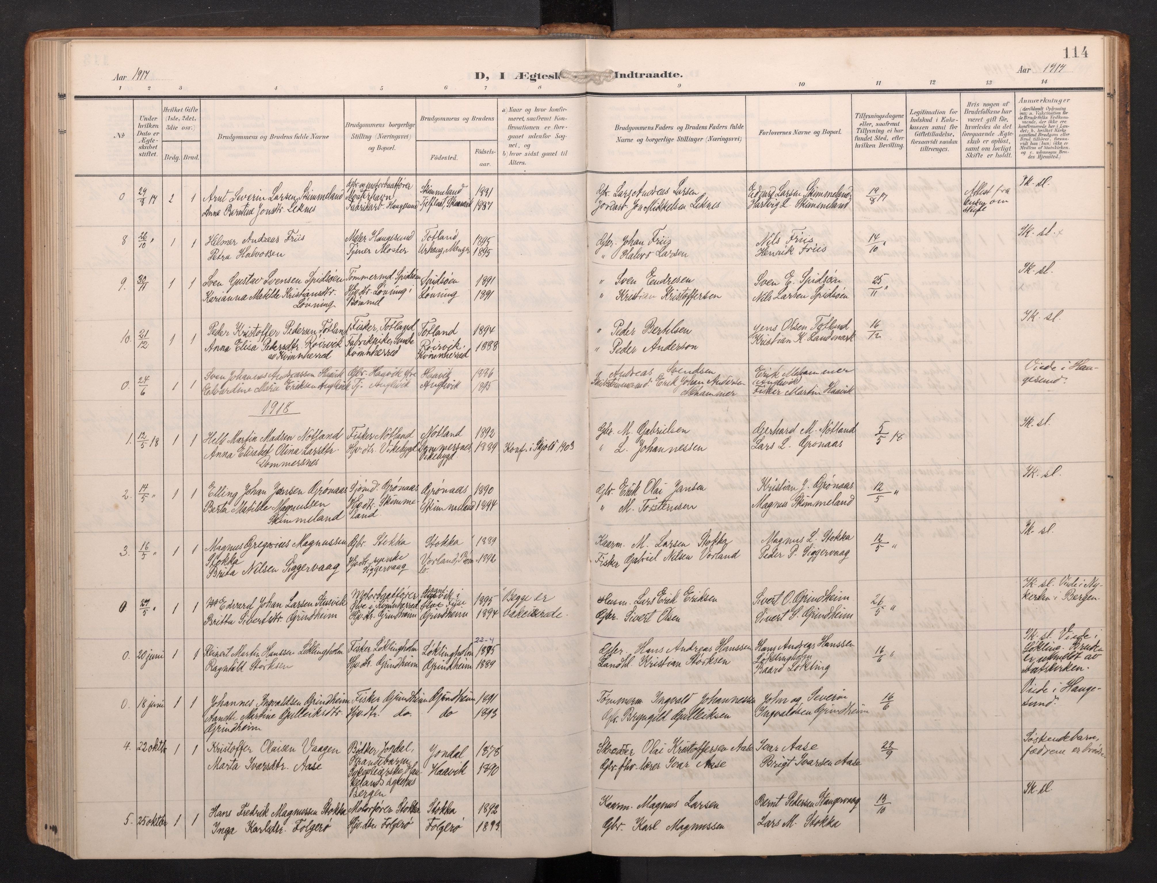 Finnås sokneprestembete, AV/SAB-A-99925/H/Ha/Haa/Haab/L0003: Parish register (official) no. B 3, 1907-1923, p. 114