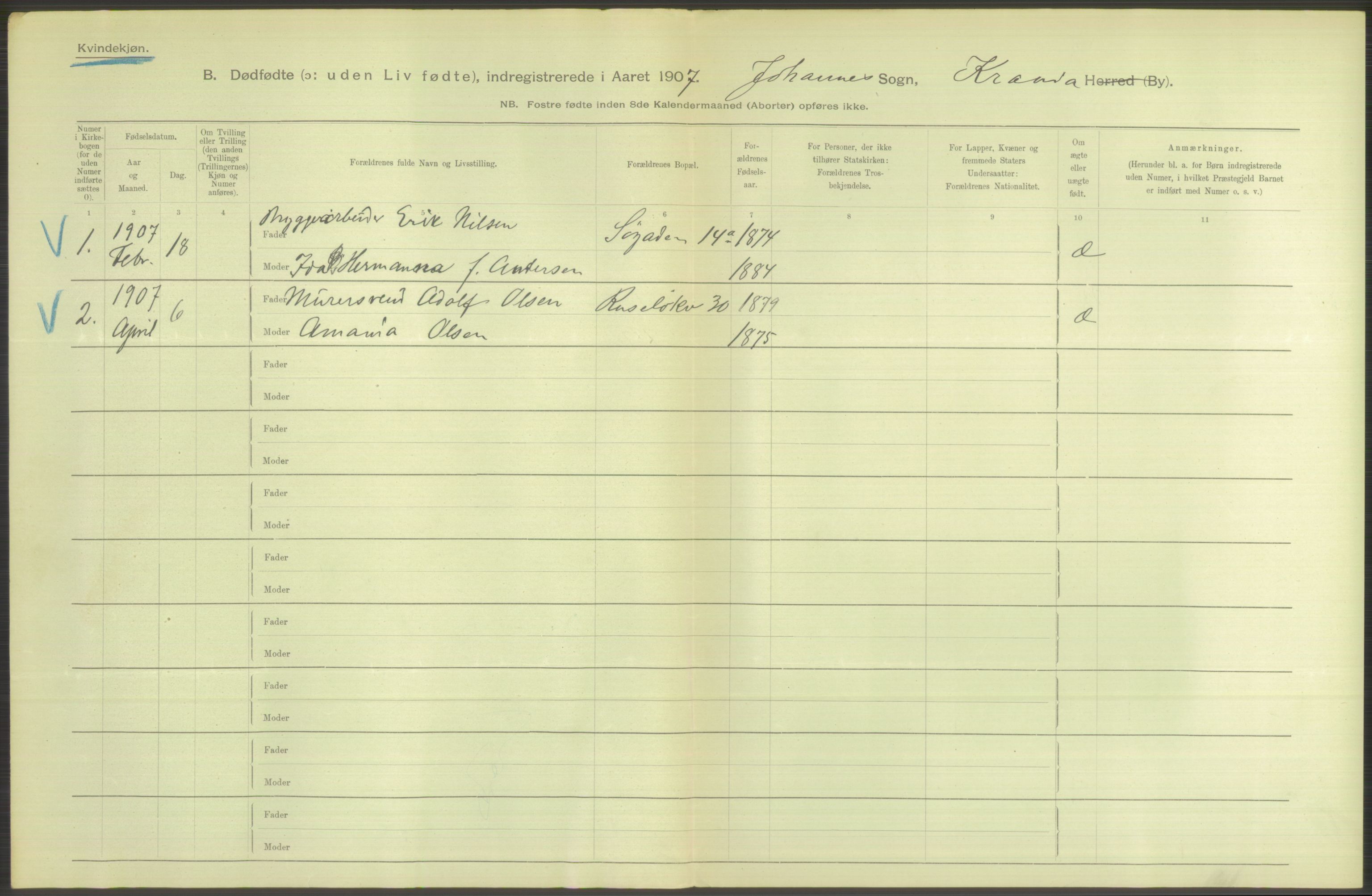 Statistisk sentralbyrå, Sosiodemografiske emner, Befolkning, RA/S-2228/D/Df/Dfa/Dfae/L0010: Kristiania: Døde, dødfødte, 1907, p. 124