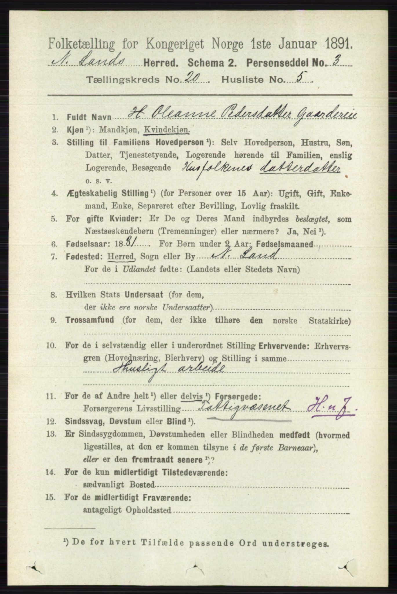 RA, 1891 census for 0538 Nordre Land, 1891, p. 4905