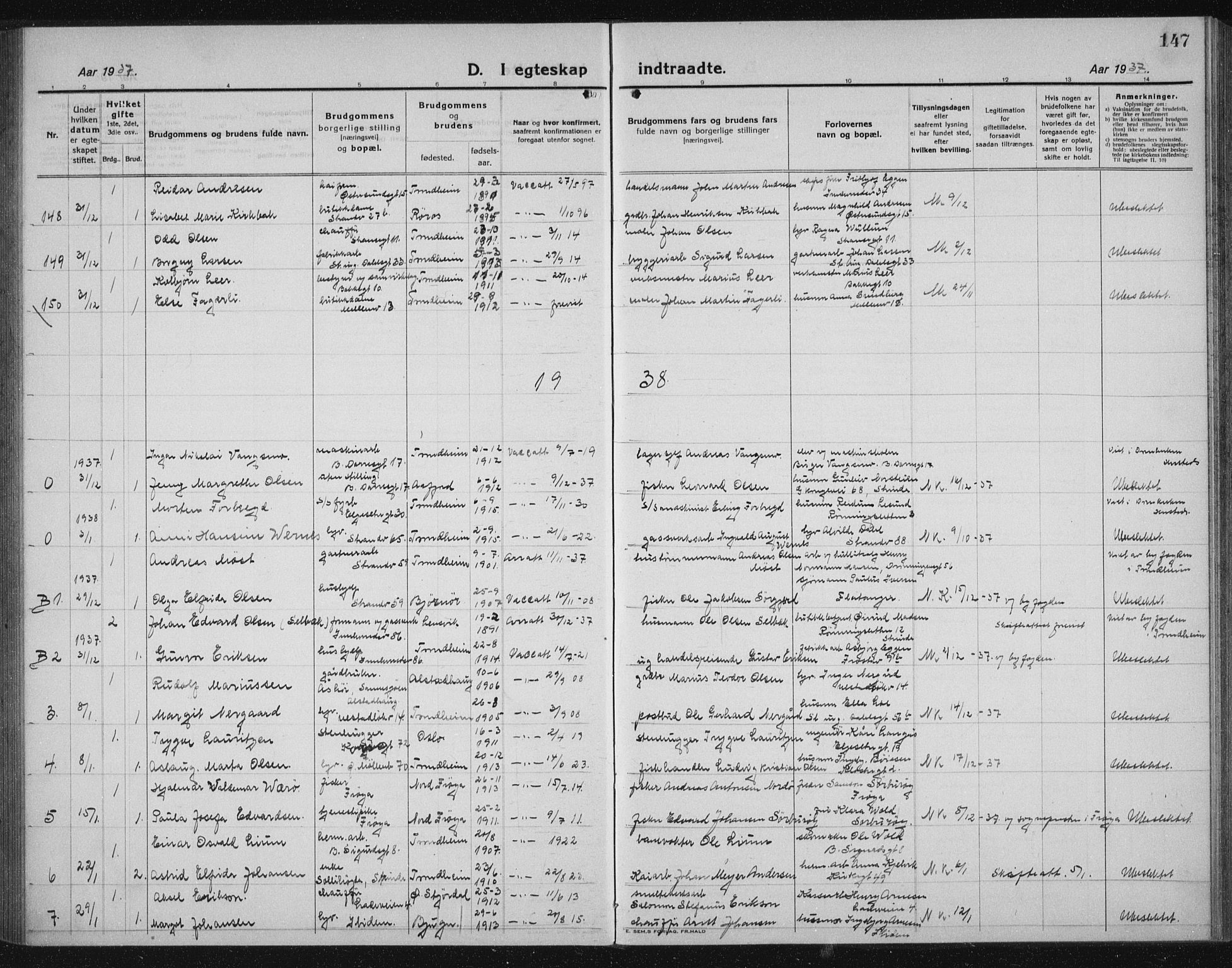 Ministerialprotokoller, klokkerbøker og fødselsregistre - Sør-Trøndelag, SAT/A-1456/605/L0260: Parish register (copy) no. 605C07, 1922-1942, p. 147