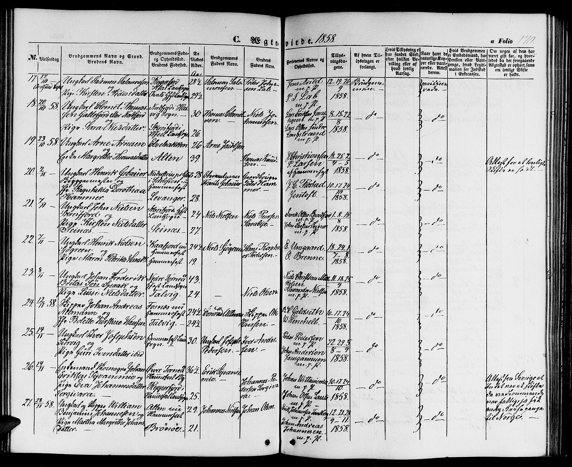 Hammerfest sokneprestkontor, AV/SATØ-S-1347/H/Hb/L0002.klokk: Parish register (copy) no. 2, 1851-1861, p. 170