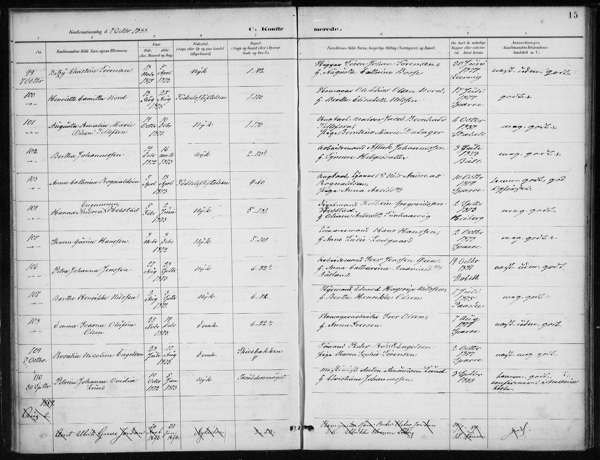 Nykirken Sokneprestembete, AV/SAB-A-77101/H/Haa/L0028: Parish register (official) no. C 7, 1887-1913, p. 15