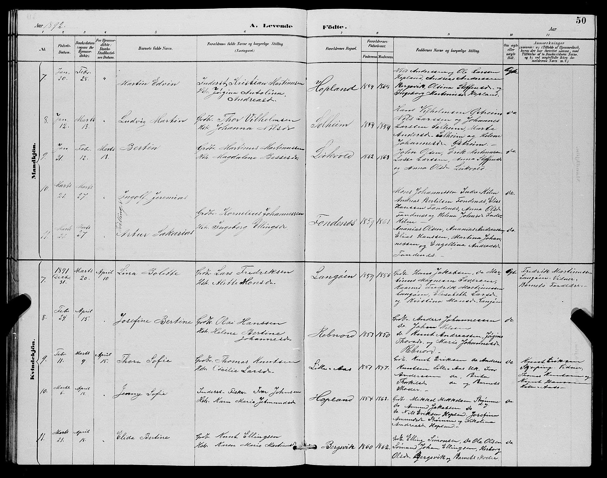 Lindås Sokneprestembete, AV/SAB-A-76701/H/Hab/Habc/L0003: Parish register (copy) no. C 3, 1886-1893, p. 50