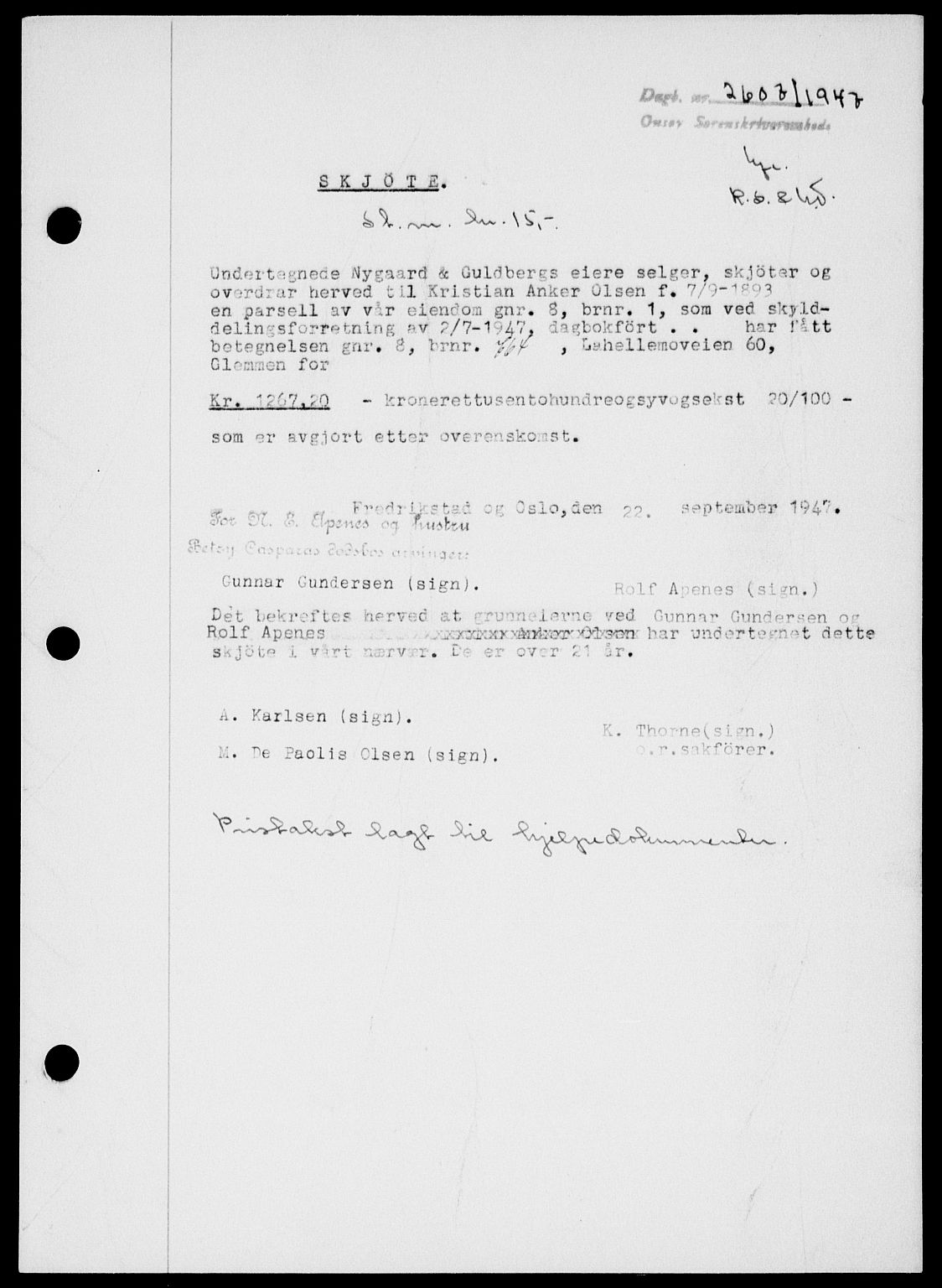 Onsøy sorenskriveri, SAO/A-10474/G/Ga/Gab/L0021: Mortgage book no. II A-21, 1947-1947, Diary no: : 2607/1947