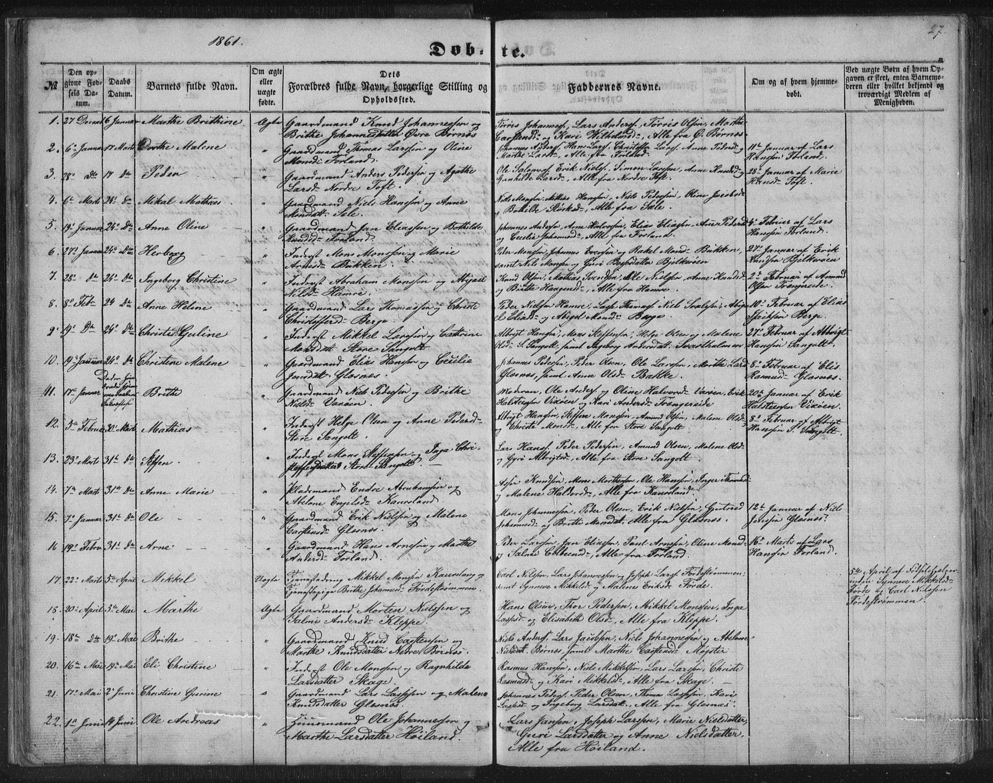 Sund sokneprestembete, SAB/A-99930: Parish register (copy) no. B 1, 1852-1873, p. 27