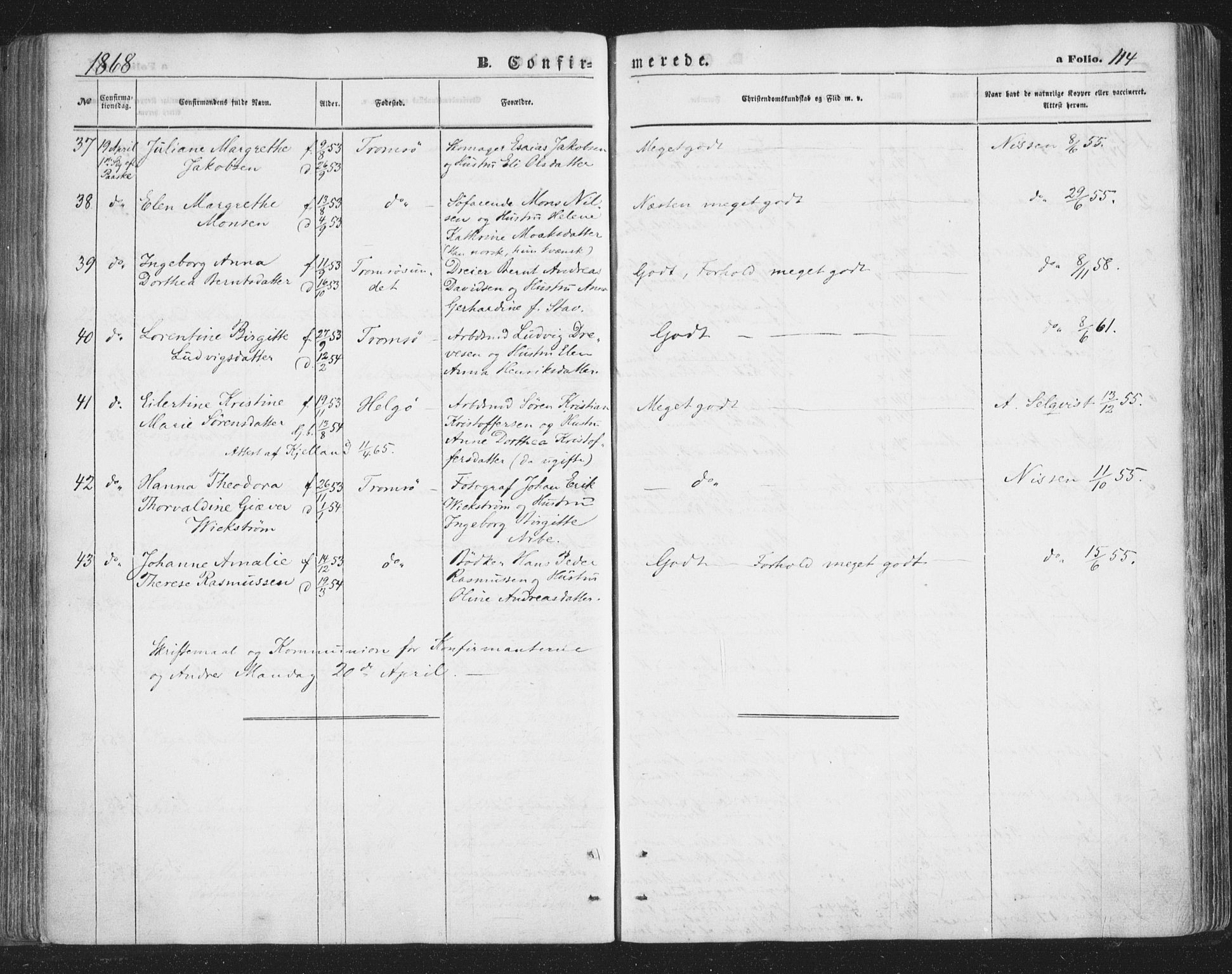 Tromsø sokneprestkontor/stiftsprosti/domprosti, AV/SATØ-S-1343/G/Ga/L0012kirke: Parish register (official) no. 12, 1865-1871, p. 114