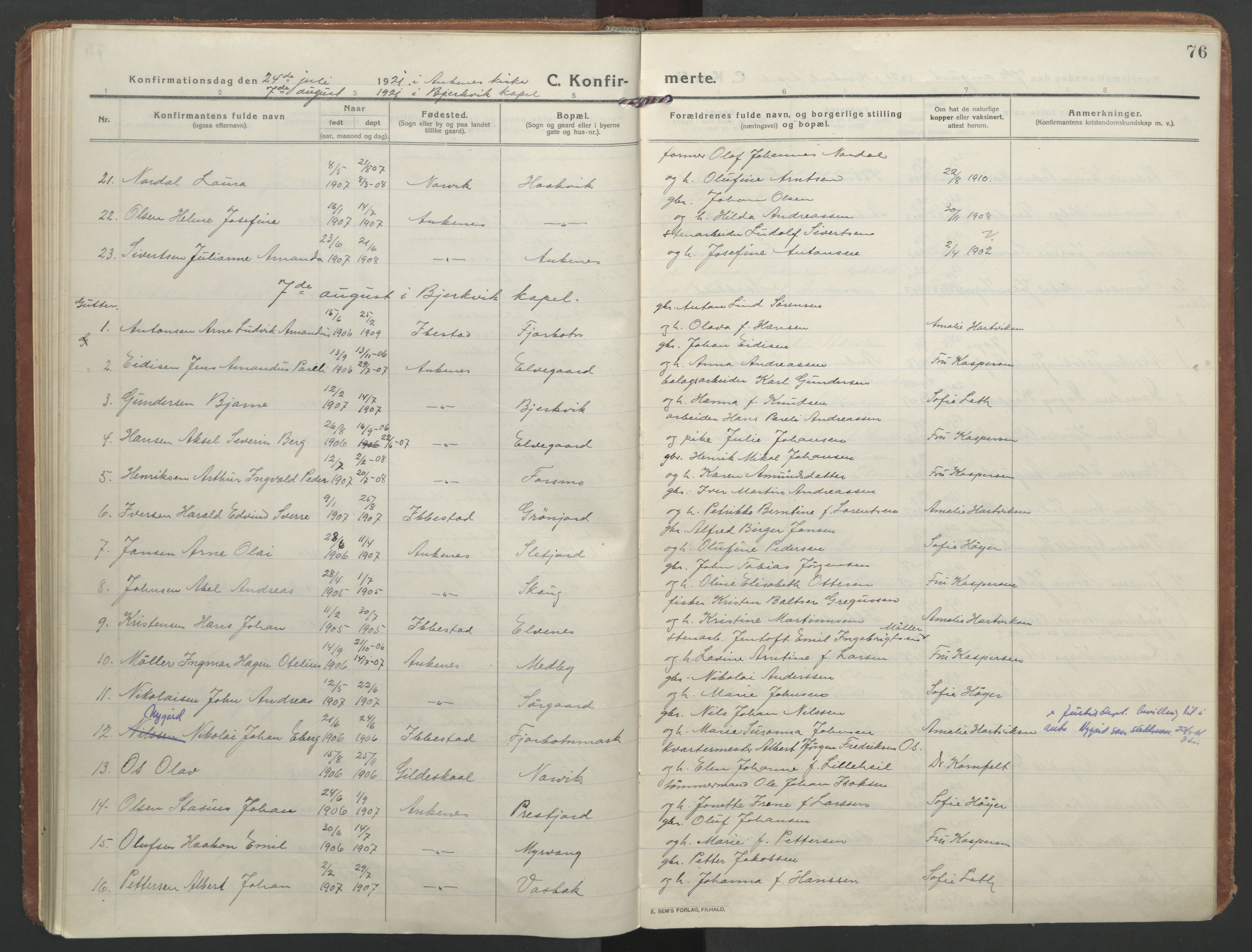 Ministerialprotokoller, klokkerbøker og fødselsregistre - Nordland, AV/SAT-A-1459/866/L0944: Parish register (official) no. 866A07, 1906-1926, p. 76