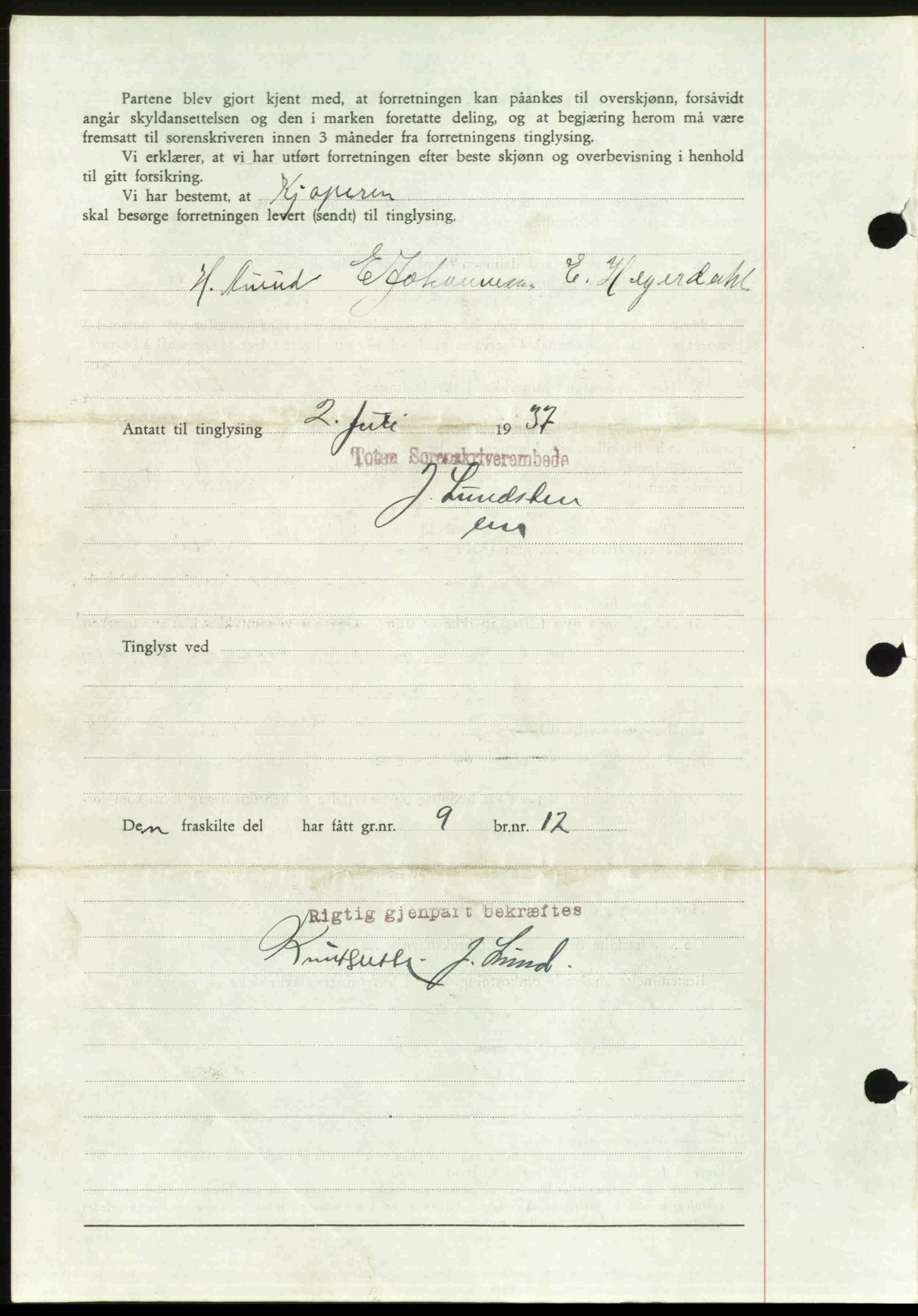 Toten tingrett, AV/SAH-TING-006/H/Hb/Hbc/L0003: Mortgage book no. Hbc-03, 1937-1938, Diary no: : 1625/1937