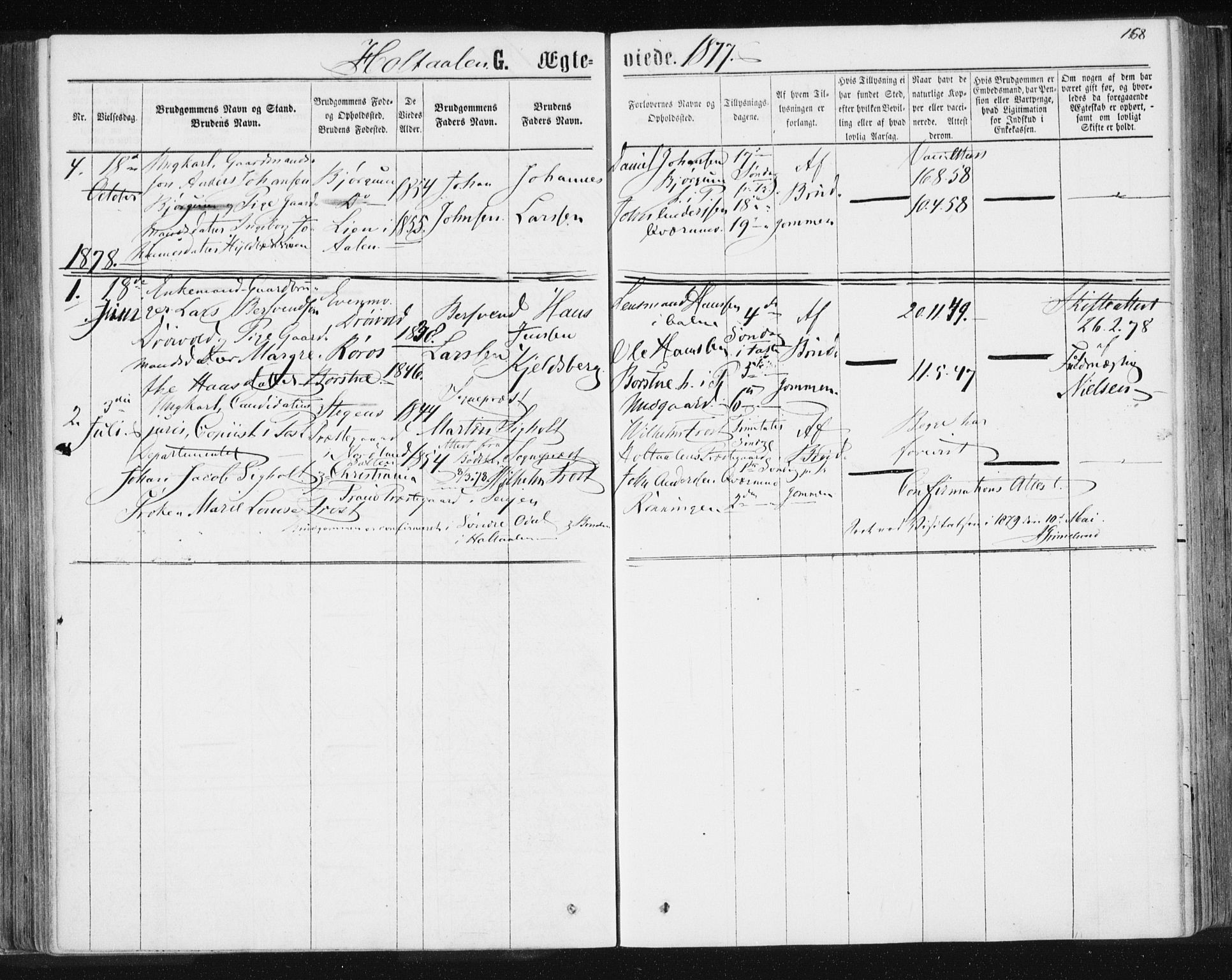 Ministerialprotokoller, klokkerbøker og fødselsregistre - Sør-Trøndelag, SAT/A-1456/685/L0969: Parish register (official) no. 685A08 /1, 1870-1878, p. 168