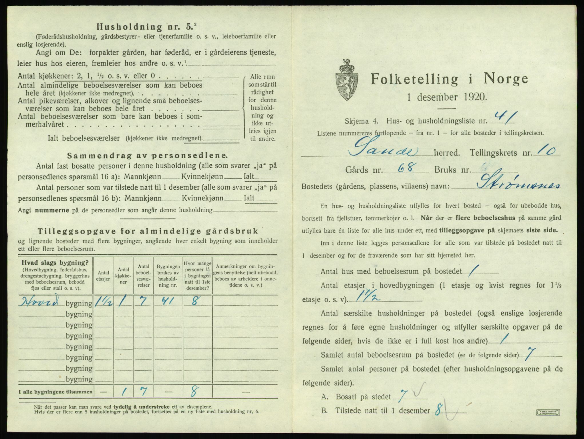 SAT, 1920 census for Sande (MR), 1920, p. 826