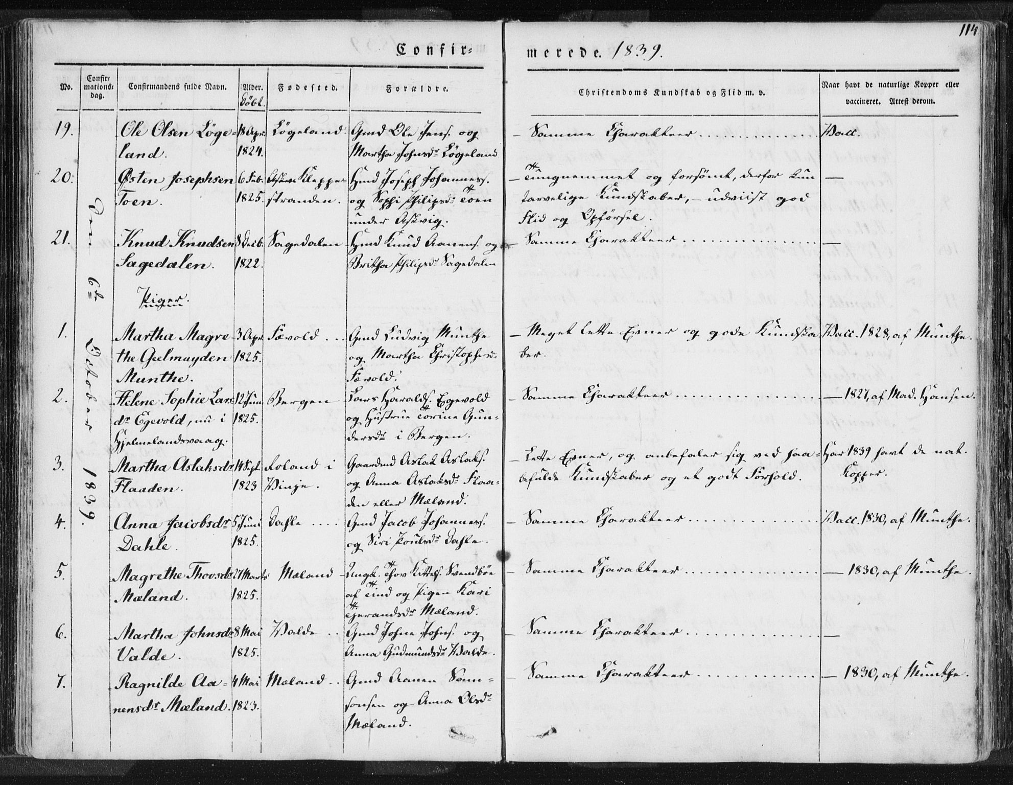 Hjelmeland sokneprestkontor, AV/SAST-A-101843/01/IV/L0006: Parish register (official) no. A 6, 1834-1845, p. 114