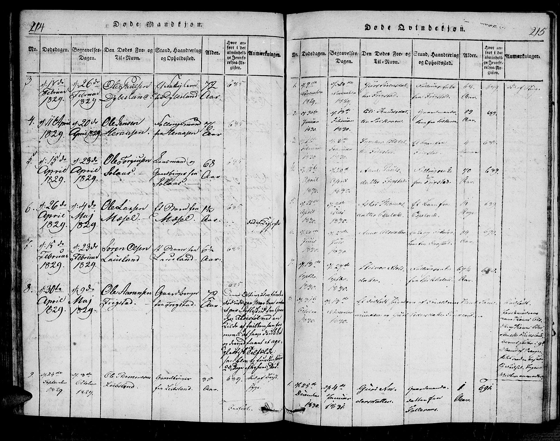 Bjelland sokneprestkontor, SAK/1111-0005/F/Fa/Fab/L0002: Parish register (official) no. A 2, 1816-1869, p. 214-215