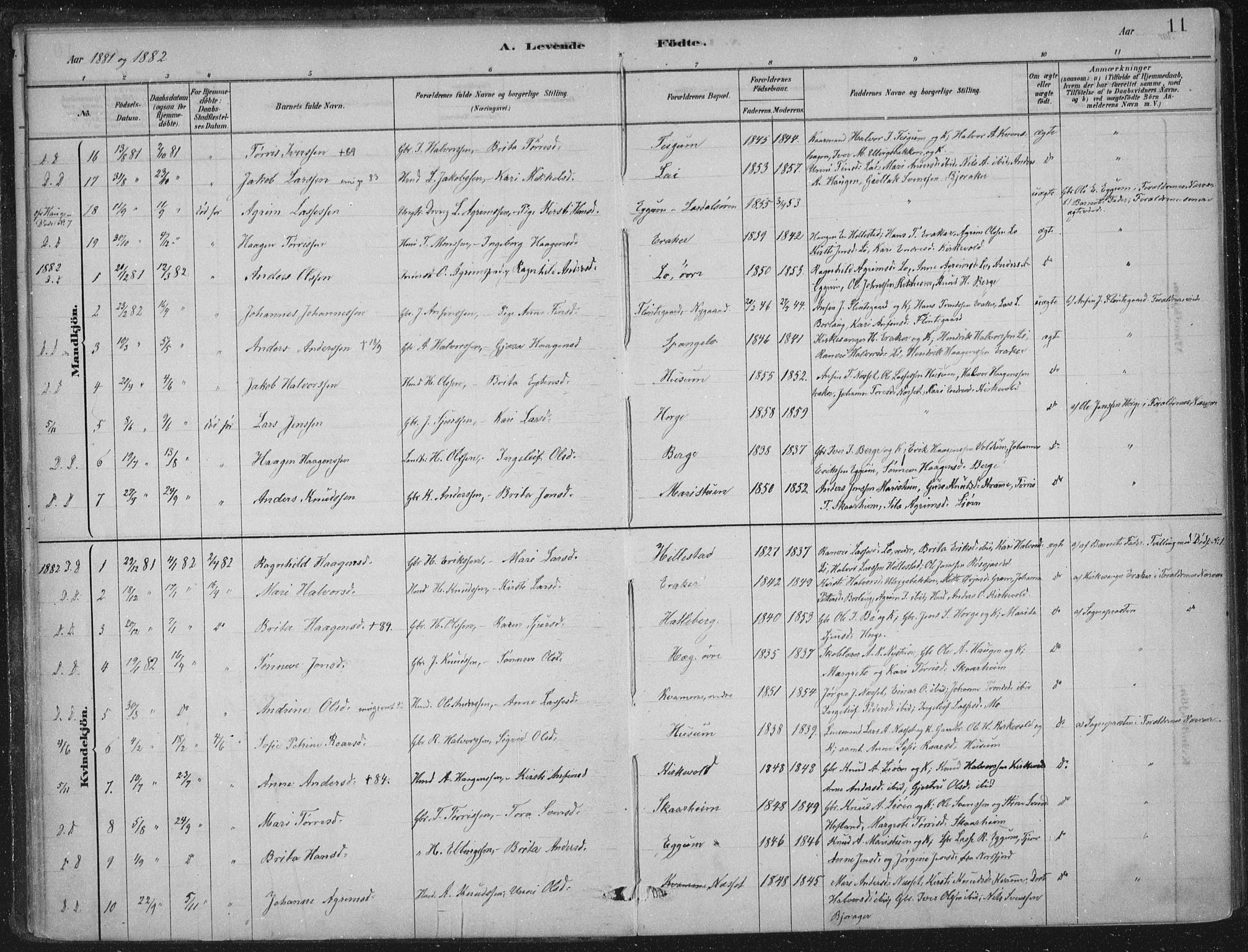 Lærdal sokneprestembete, SAB/A-81201: Parish register (official) no. C  1, 1878-1911, p. 11