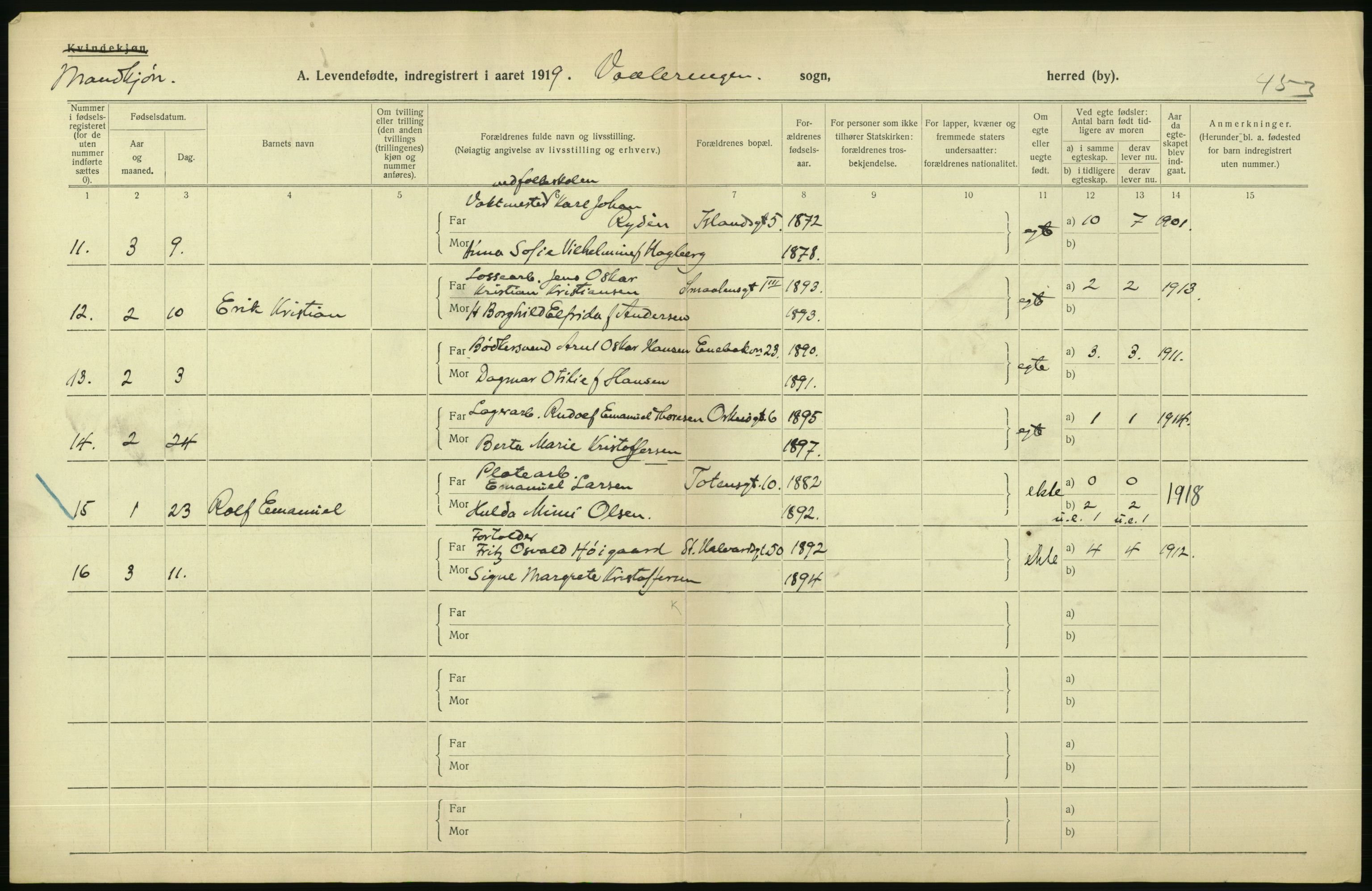 Statistisk sentralbyrå, Sosiodemografiske emner, Befolkning, AV/RA-S-2228/D/Df/Dfb/Dfbi/L0008: Kristiania: Levendefødte menn og kvinner., 1919