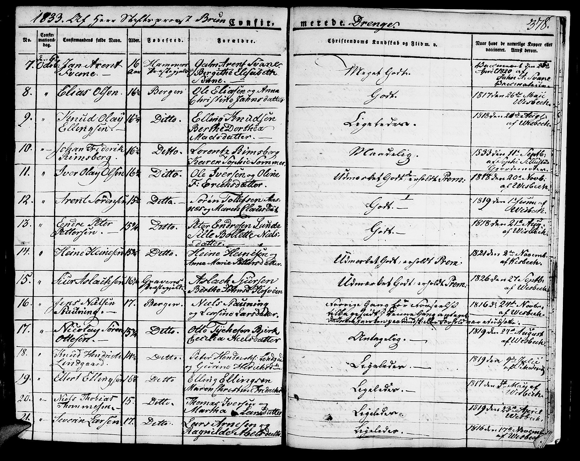 Domkirken sokneprestembete, AV/SAB-A-74801/H/Haa/L0012: Parish register (official) no. A 12, 1821-1840, p. 378