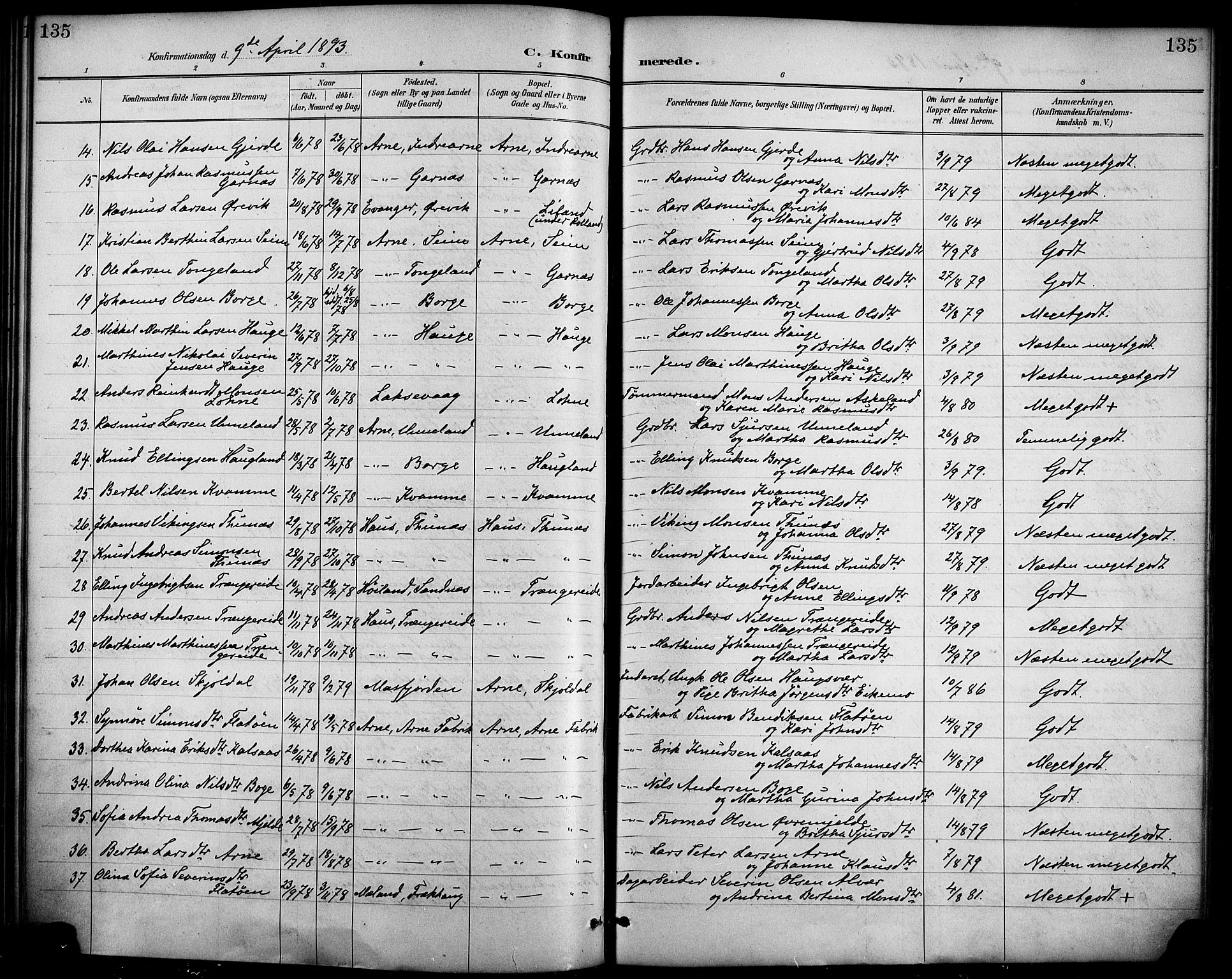 Haus sokneprestembete, AV/SAB-A-75601/H/Haa/Haad/L0001: Parish register (official) no. D 1, 1887-1898, p. 135