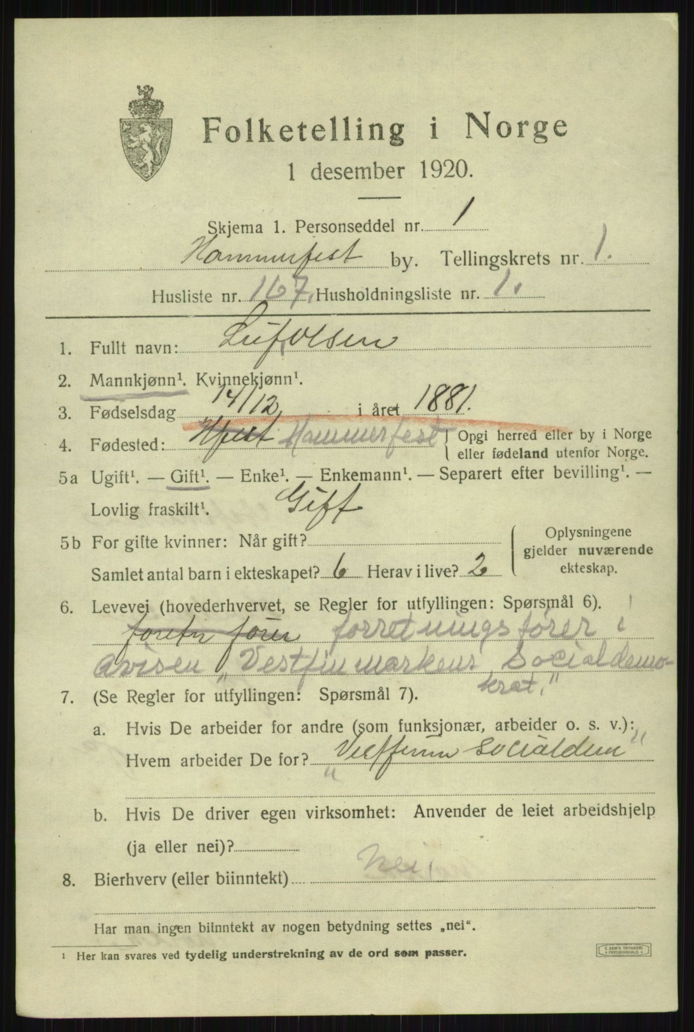 SATØ, 1920 census for Hammerfest, 1920, p. 4777