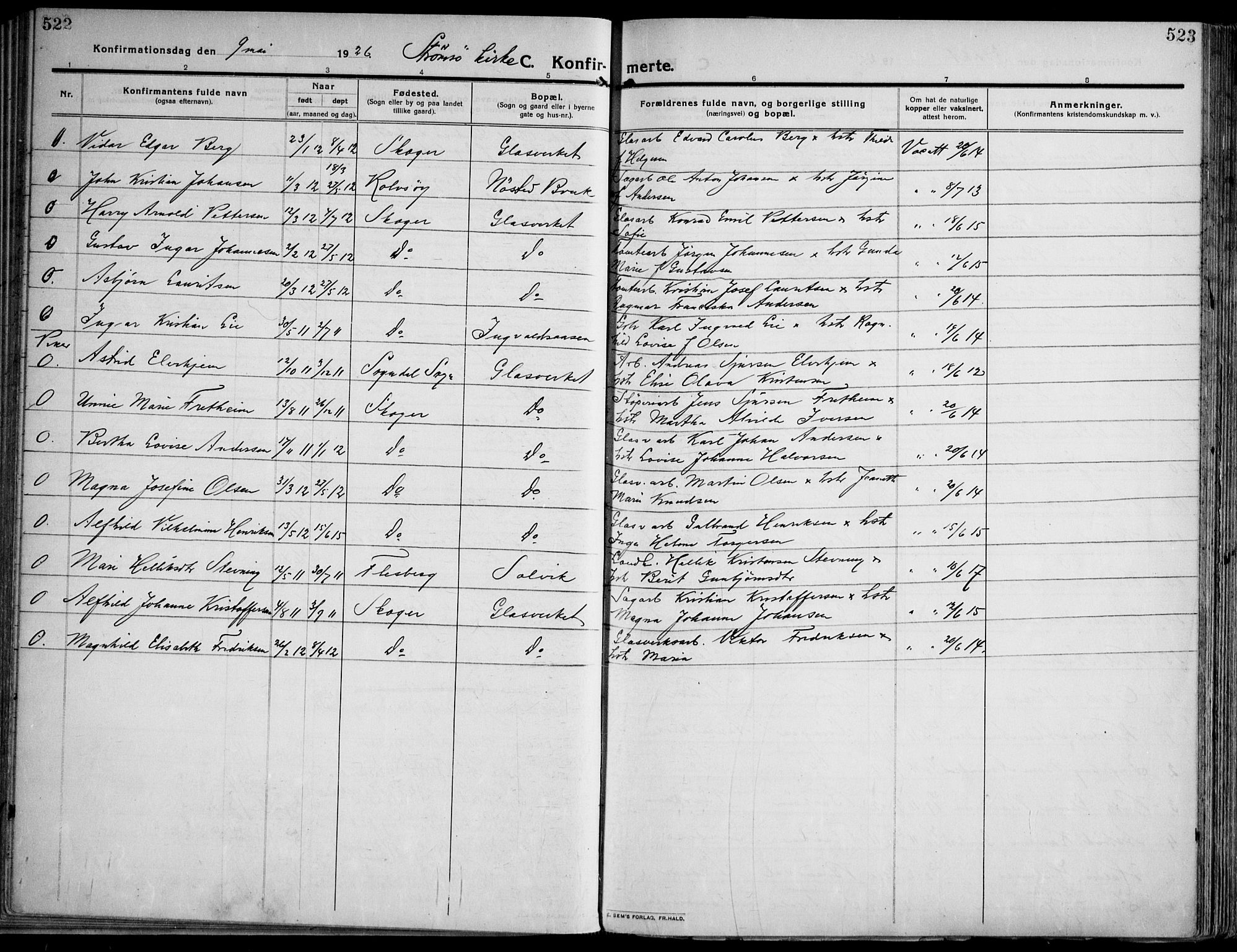 Skoger kirkebøker, AV/SAKO-A-59/F/Fa/L0007: Parish register (official) no. I 7, 1911-1936, p. 522-523