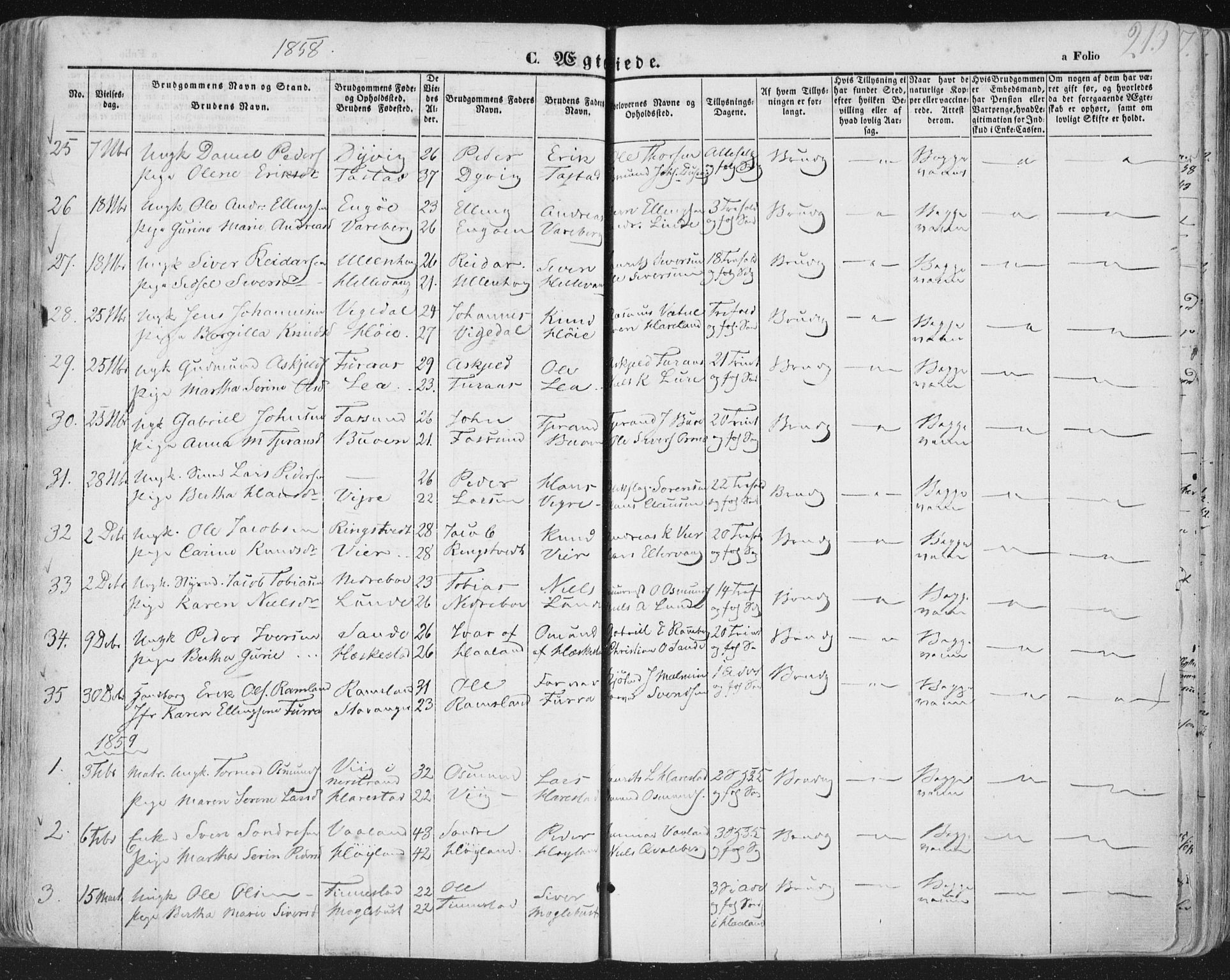 Hetland sokneprestkontor, AV/SAST-A-101826/30/30BA/L0002: Parish register (official) no. A 2, 1849-1869, p. 215