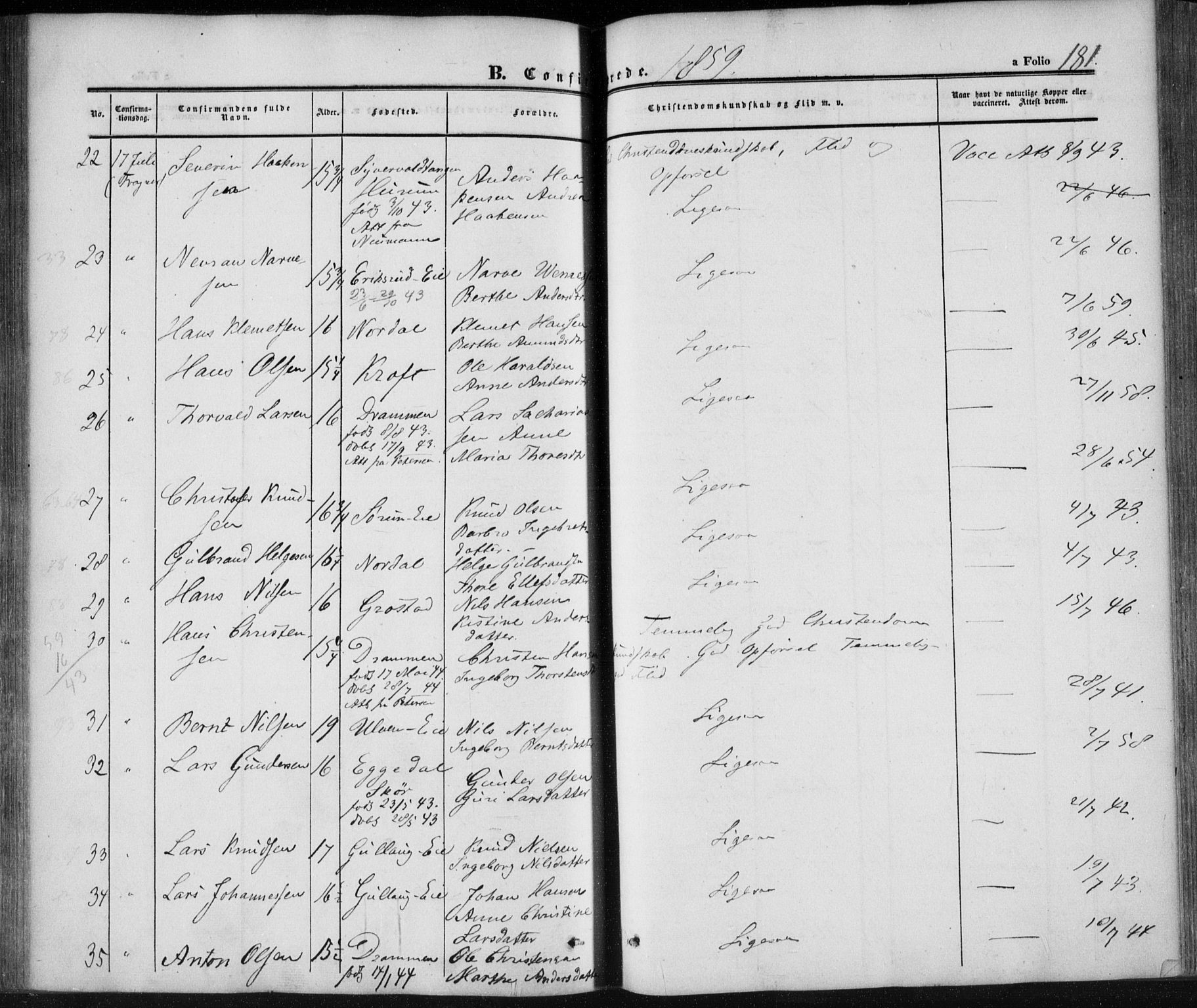 Lier kirkebøker, AV/SAKO-A-230/F/Fa/L0012: Parish register (official) no. I 12, 1854-1864, p. 181