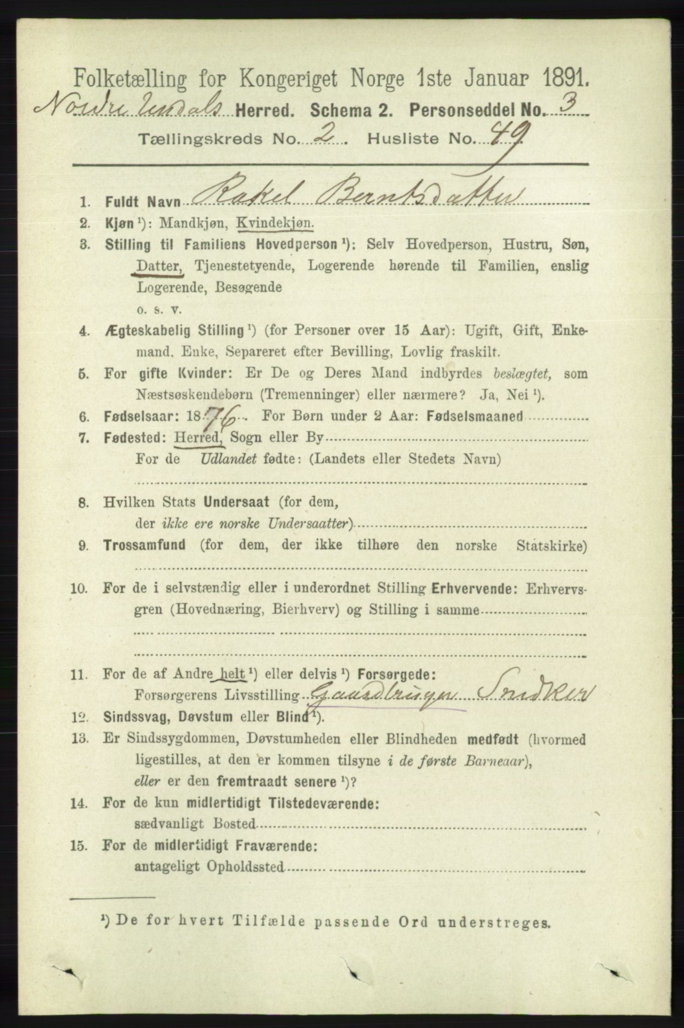 RA, 1891 census for 1028 Nord-Audnedal, 1891, p. 603