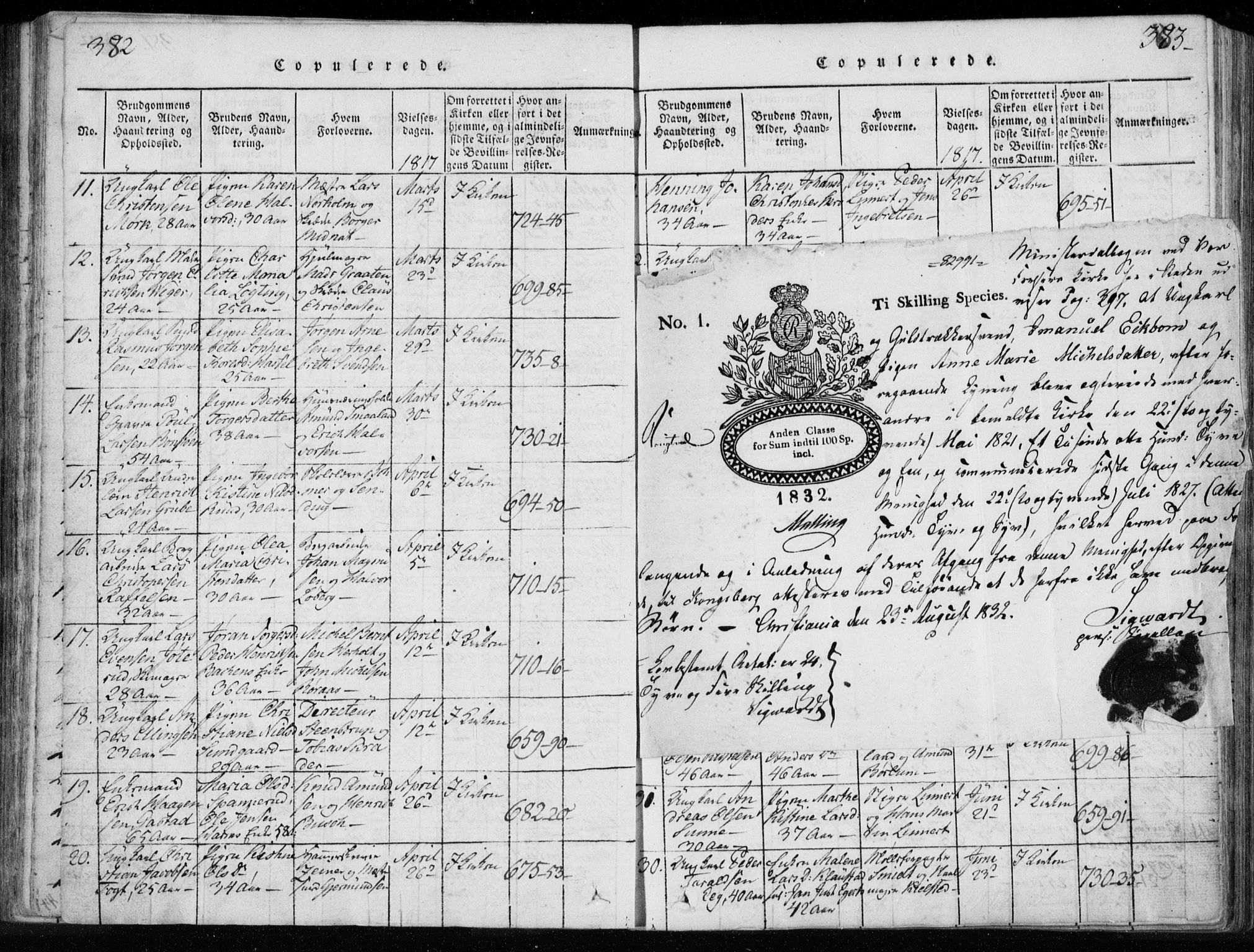 Kongsberg kirkebøker, AV/SAKO-A-22/F/Fa/L0008: Parish register (official) no. I 8, 1816-1839, p. 382-383
