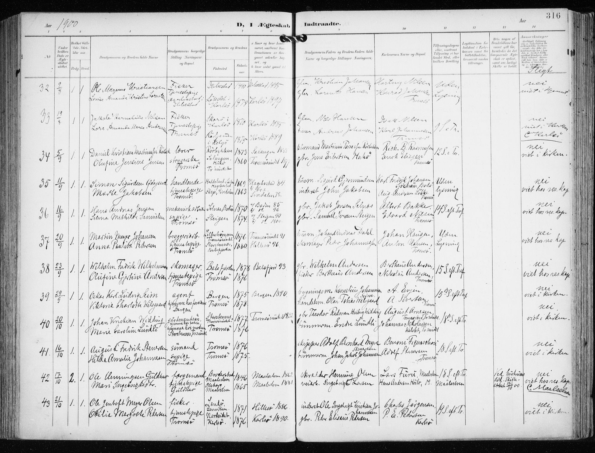 Tromsø sokneprestkontor/stiftsprosti/domprosti, SATØ/S-1343/G/Ga/L0016kirke: Parish register (official) no. 16, 1899-1906, p. 316