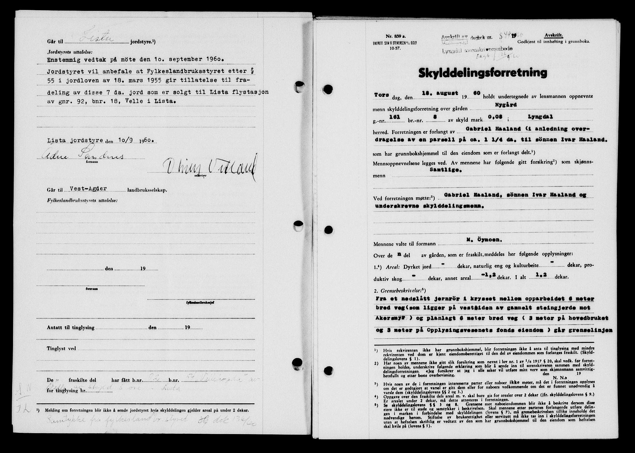 Lyngdal sorenskriveri, AV/SAK-1221-0004/G/Gb/L0680: Mortgage book no. A XXVI, 1960-1960, Diary no: : 849/1960