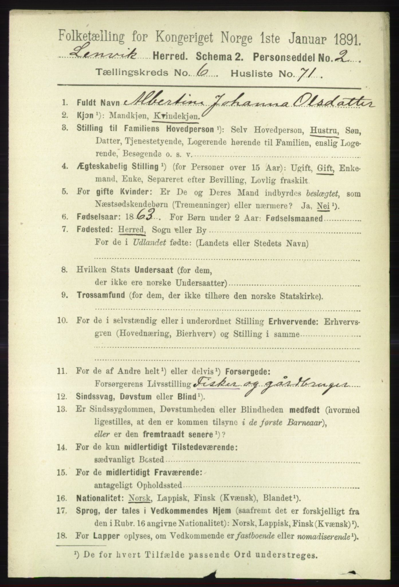 RA, 1891 census for 1931 Lenvik, 1891, p. 3693