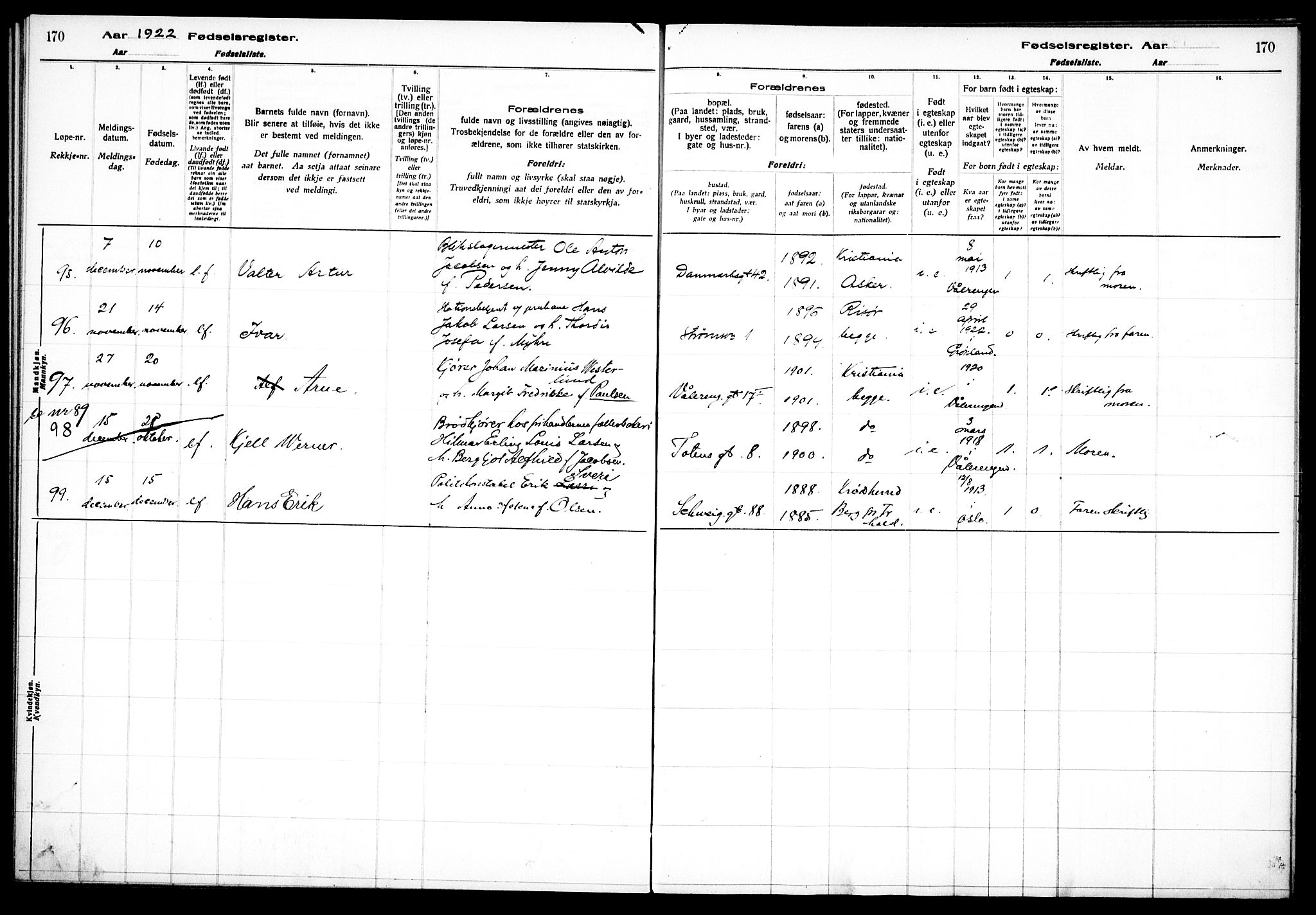 Vålerengen prestekontor Kirkebøker, AV/SAO-A-10878/J/Ja/L0001: Birth register no. 1, 1916-1924, p. 170