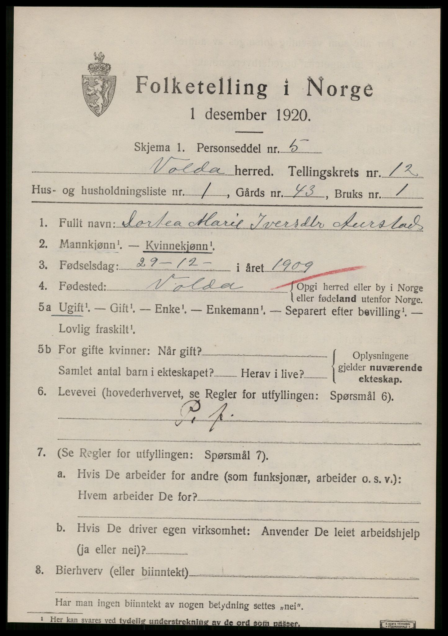 SAT, 1920 census for Volda, 1920, p. 8292