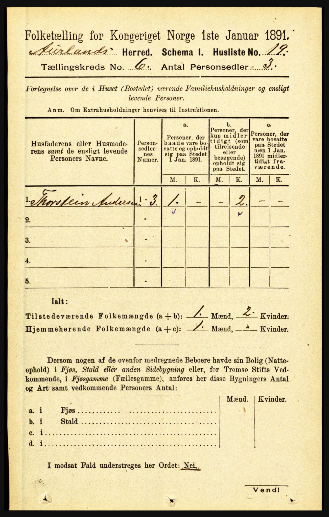 RA, 1891 census for 1421 Aurland, 1891, p. 2219