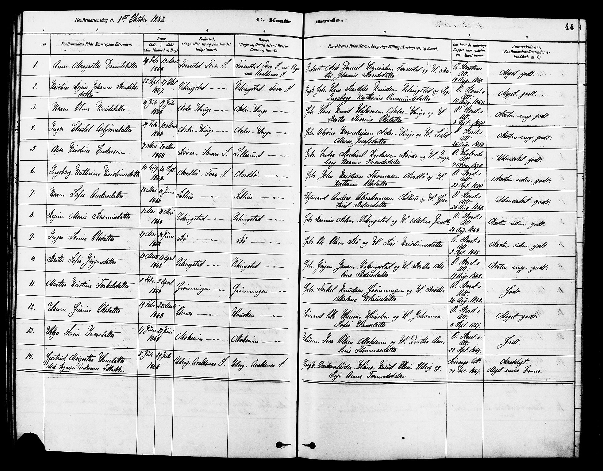 Torvastad sokneprestkontor, AV/SAST-A -101857/H/Ha/Haa/L0014: Parish register (official) no. A 13, 1879-1888, p. 44