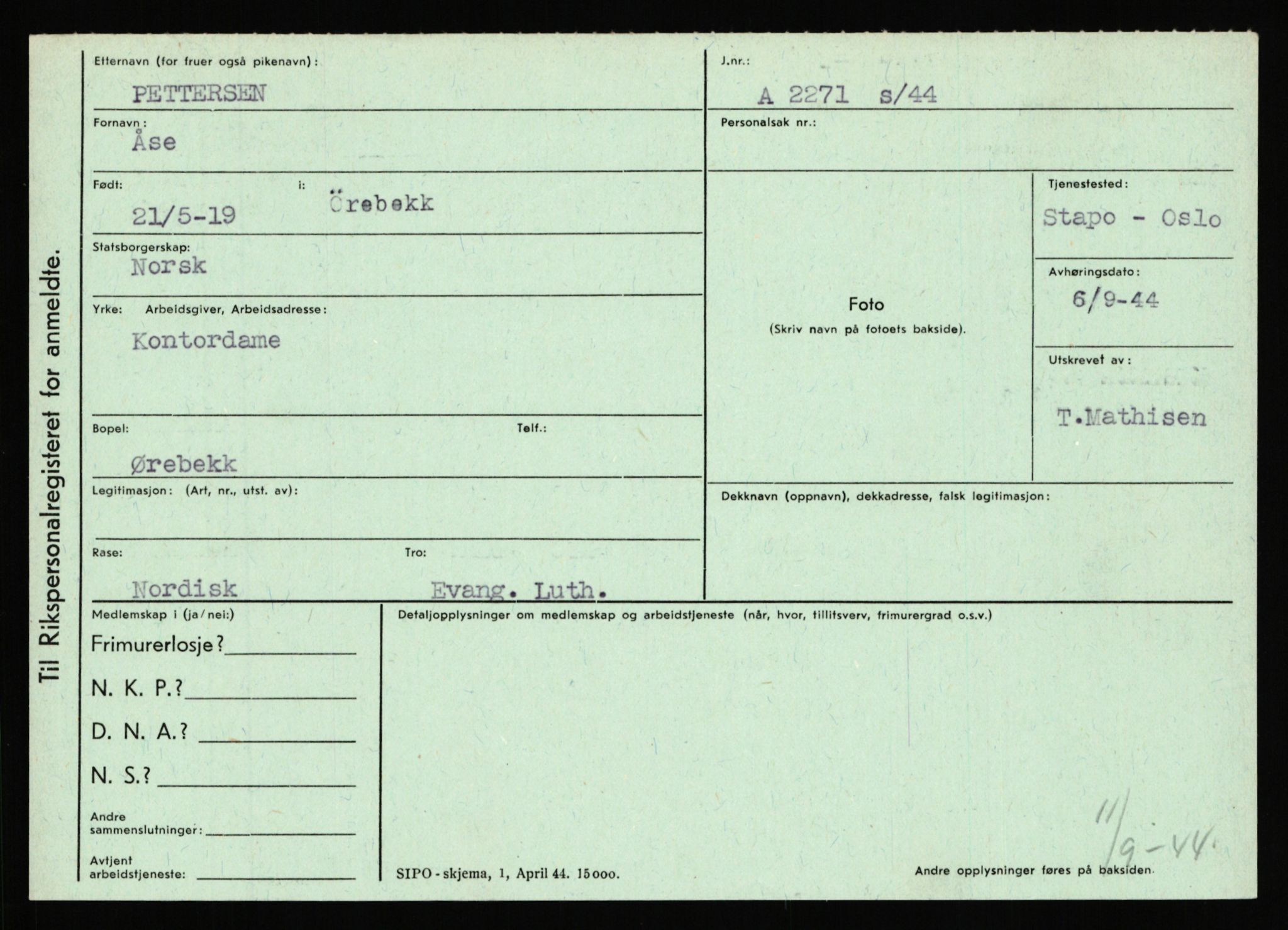 Statspolitiet - Hovedkontoret / Osloavdelingen, AV/RA-S-1329/C/Ca/L0012: Oanæs - Quistgaard	, 1943-1945, p. 4442