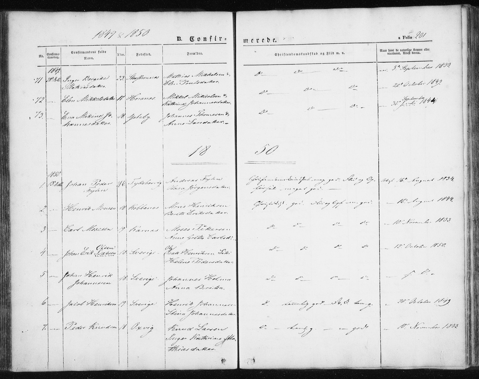 Lyngen sokneprestembete, SATØ/S-1289/H/He/Hea/L0004kirke: Parish register (official) no. 4, 1839-1858, p. 201