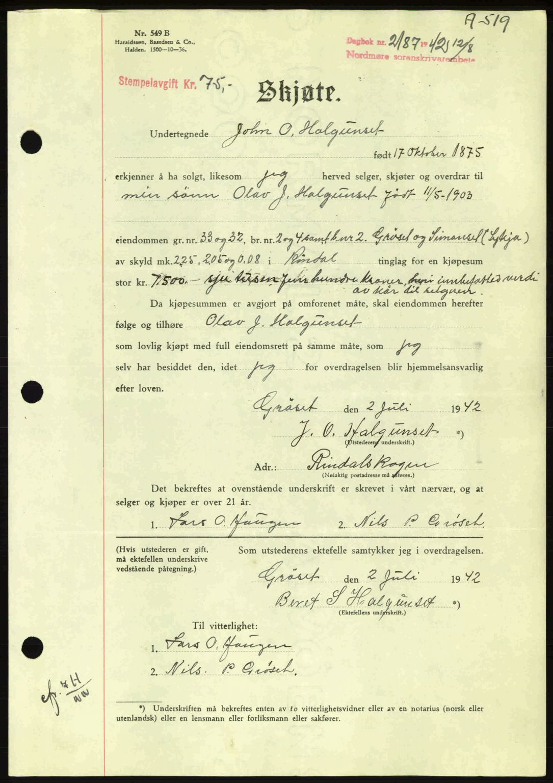 Nordmøre sorenskriveri, AV/SAT-A-4132/1/2/2Ca: Mortgage book no. A93, 1942-1942, Diary no: : 2187/1942