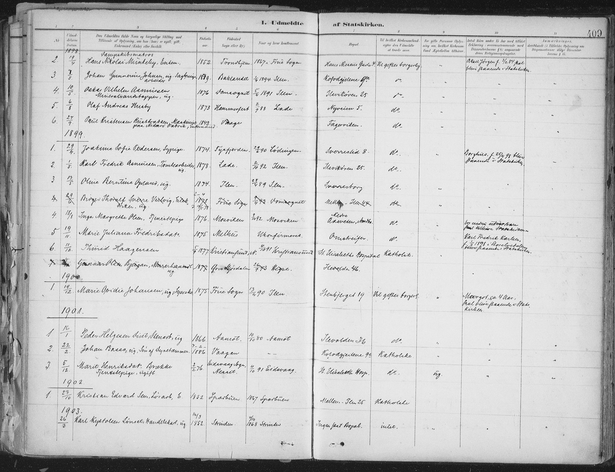 Ministerialprotokoller, klokkerbøker og fødselsregistre - Sør-Trøndelag, SAT/A-1456/603/L0167: Parish register (official) no. 603A06, 1896-1932, p. 409
